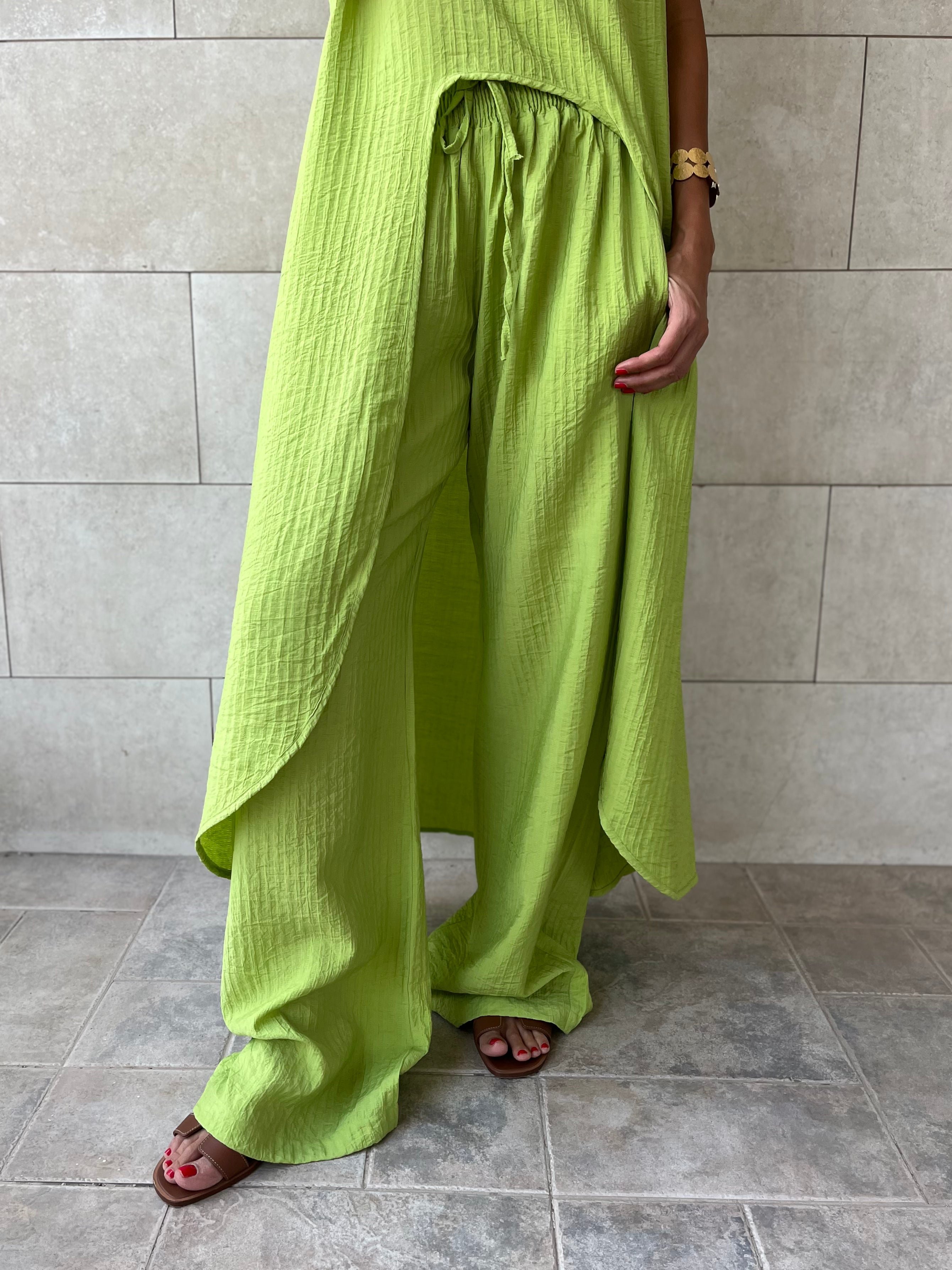 Lime Elastic Rope Crinkle Pants
