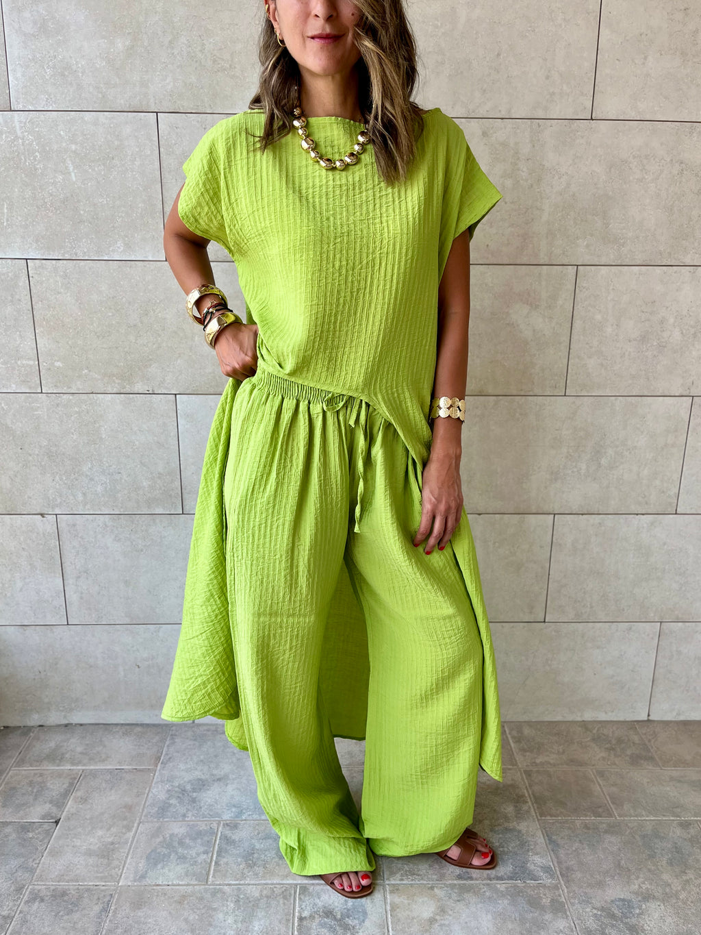 Lime Elastic Rope Crinkle Pants