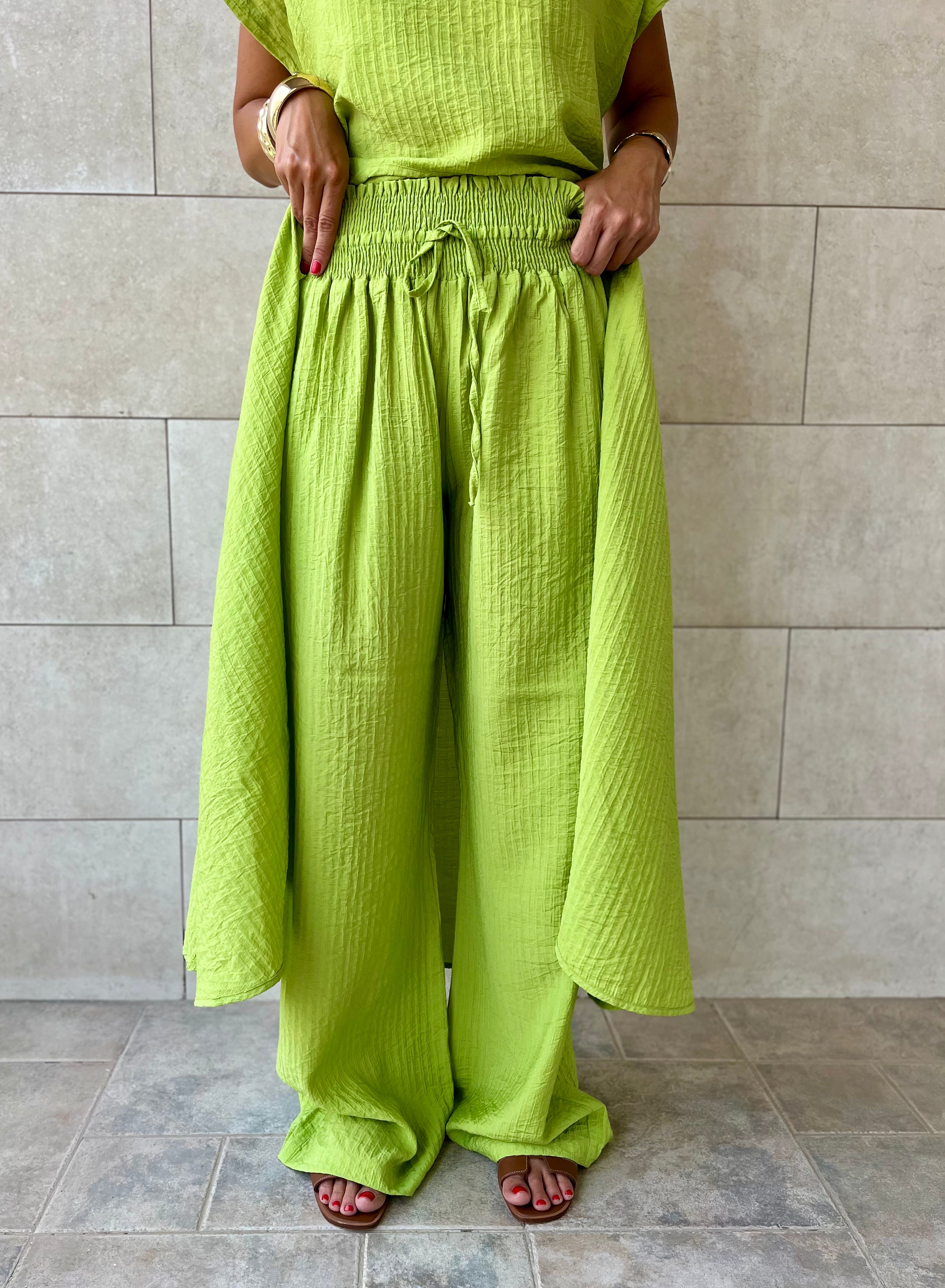 Lime Elastic Rope Crinkle Pants