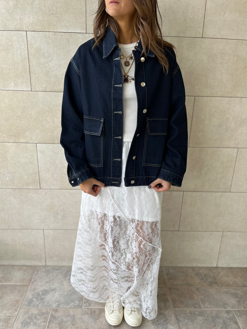 Navy Stitched Boxy Denim Jacket