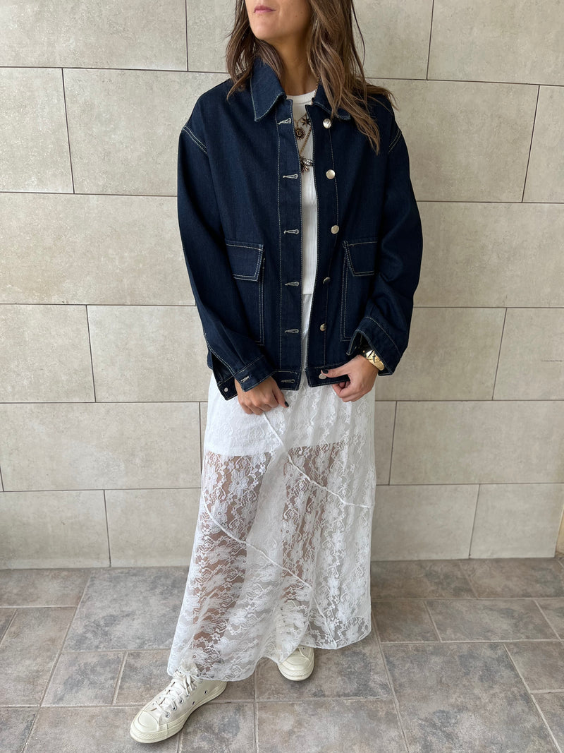 Navy Stitched Boxy Denim Jacket