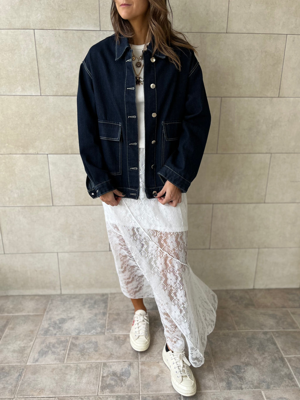 PREORDER Navy Stitched Boxy Denim Jacket