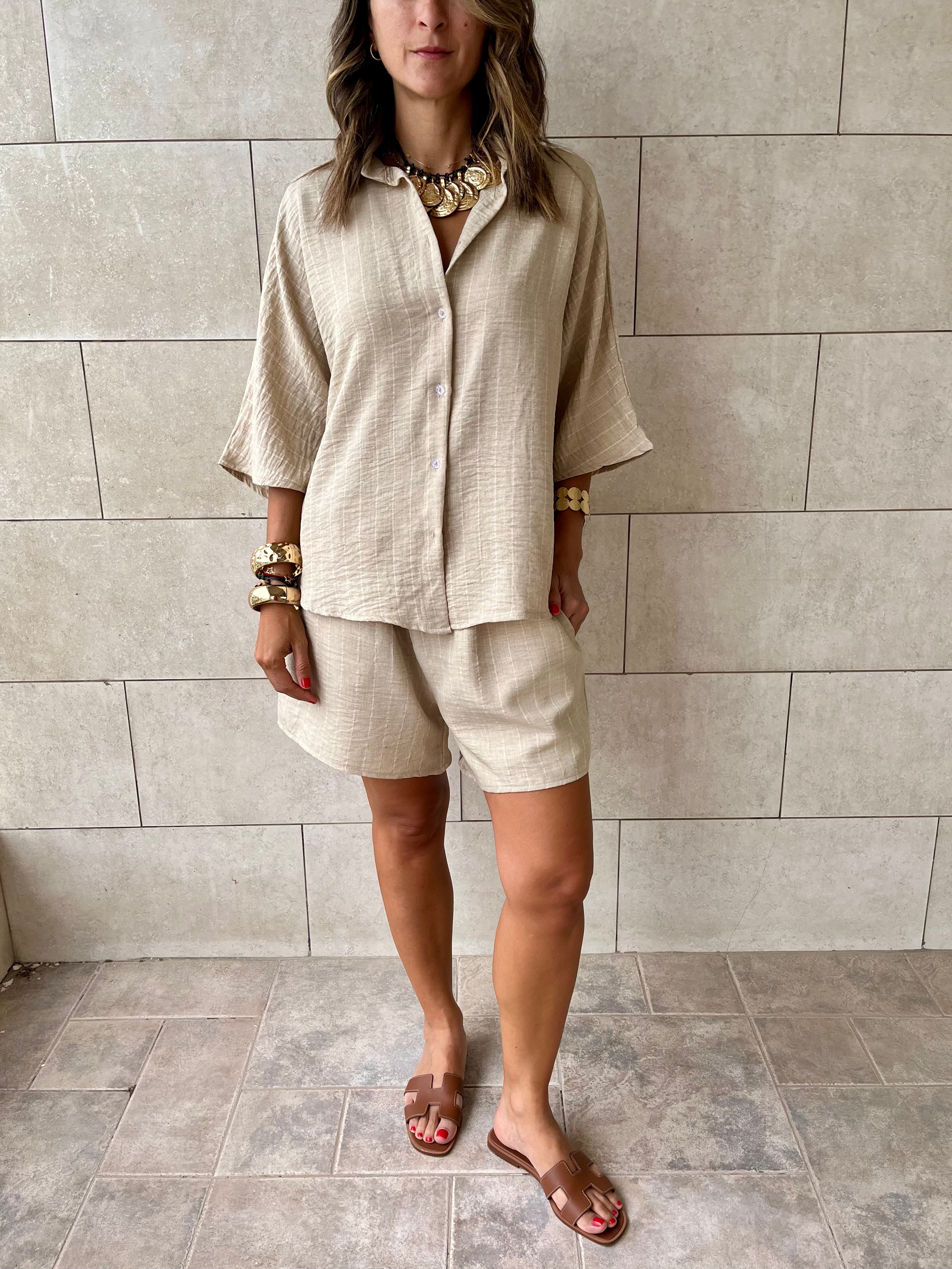 Beige Striped Everyday Shorts