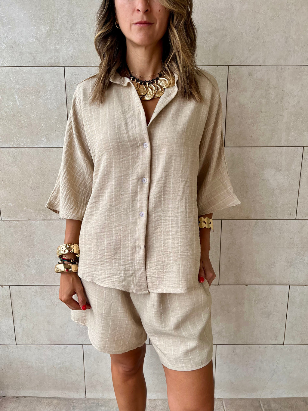 Beige Striped Everyday Shorts