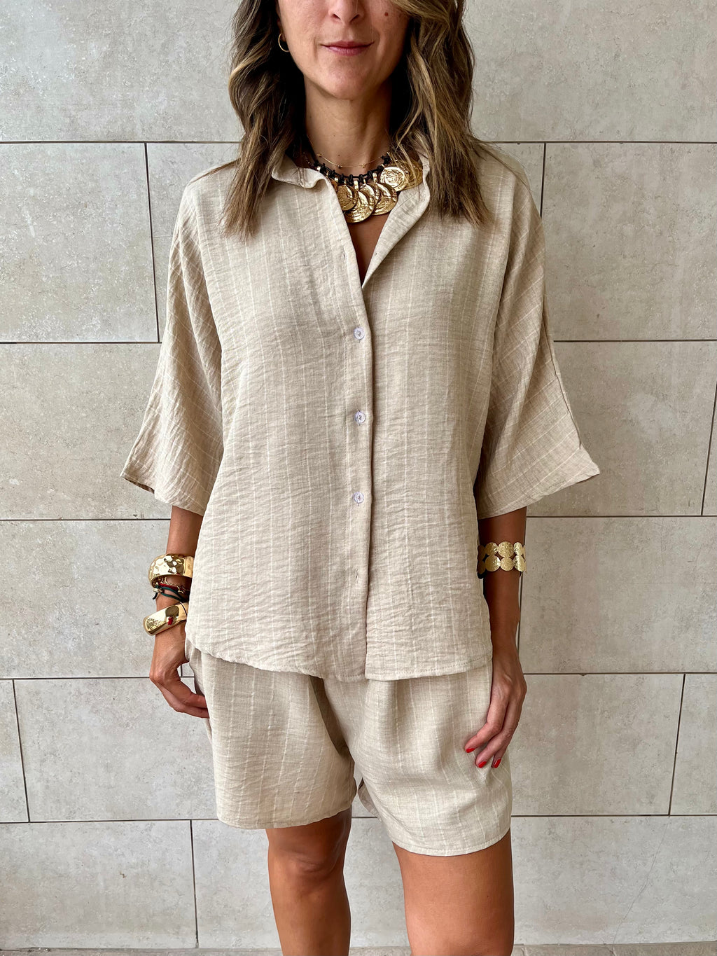 Beige Striped Everyday Shorts