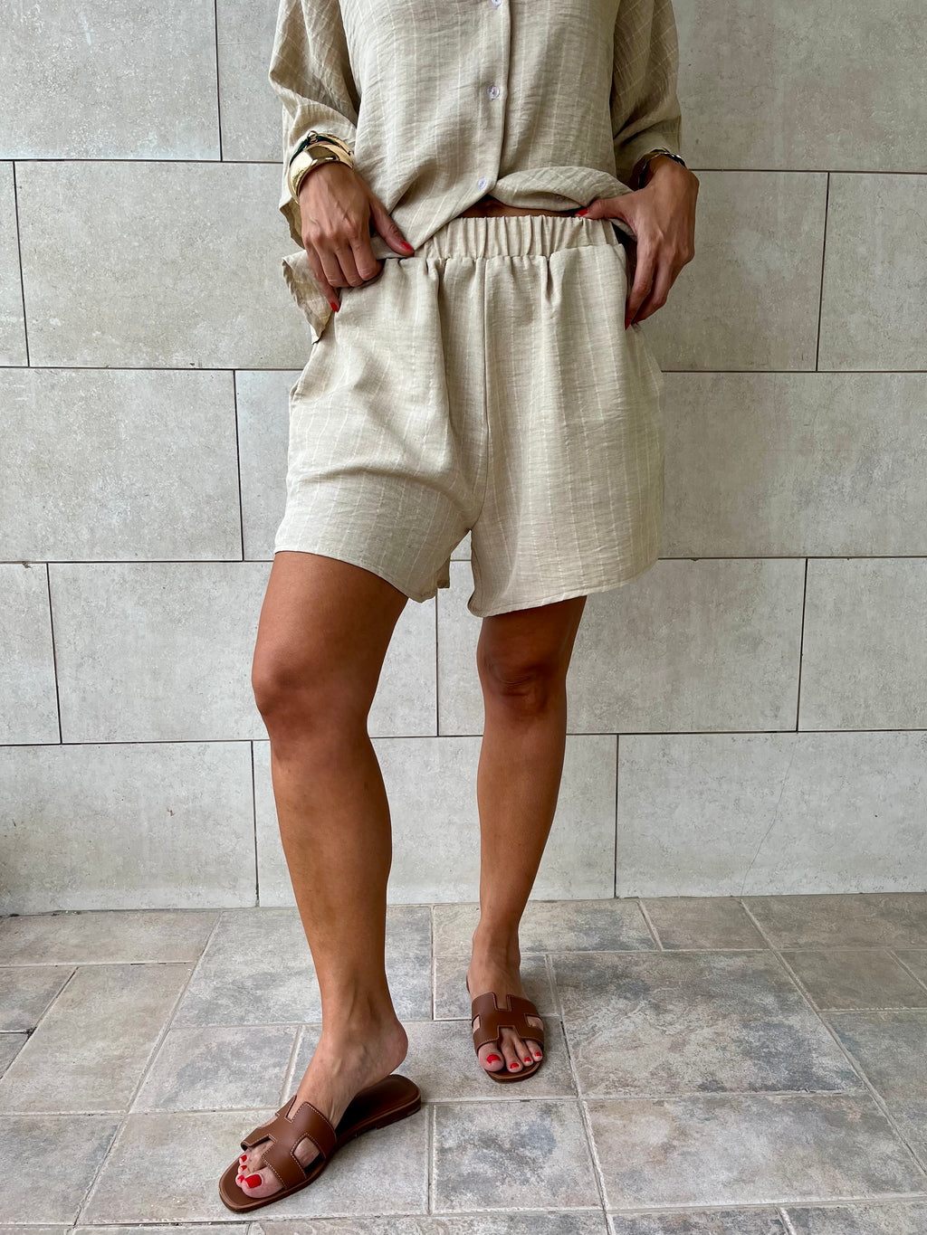 Beige Striped Everyday Shorts
