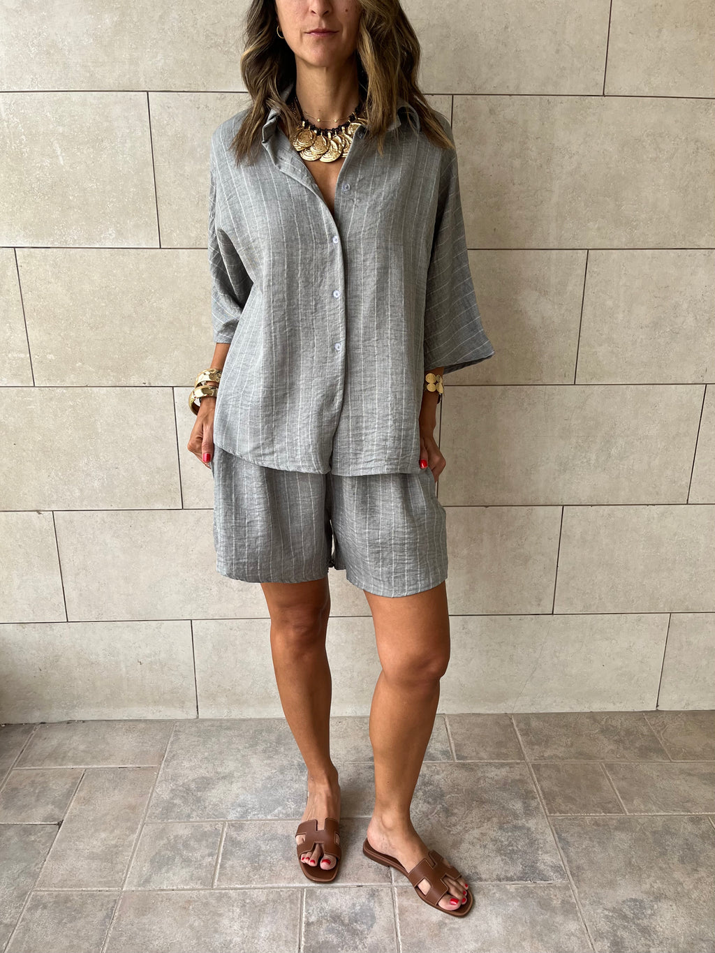 Grey Striped Everyday Shorts