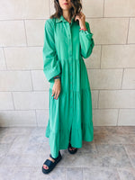Green Cake Tiered Long Sleeve Dress