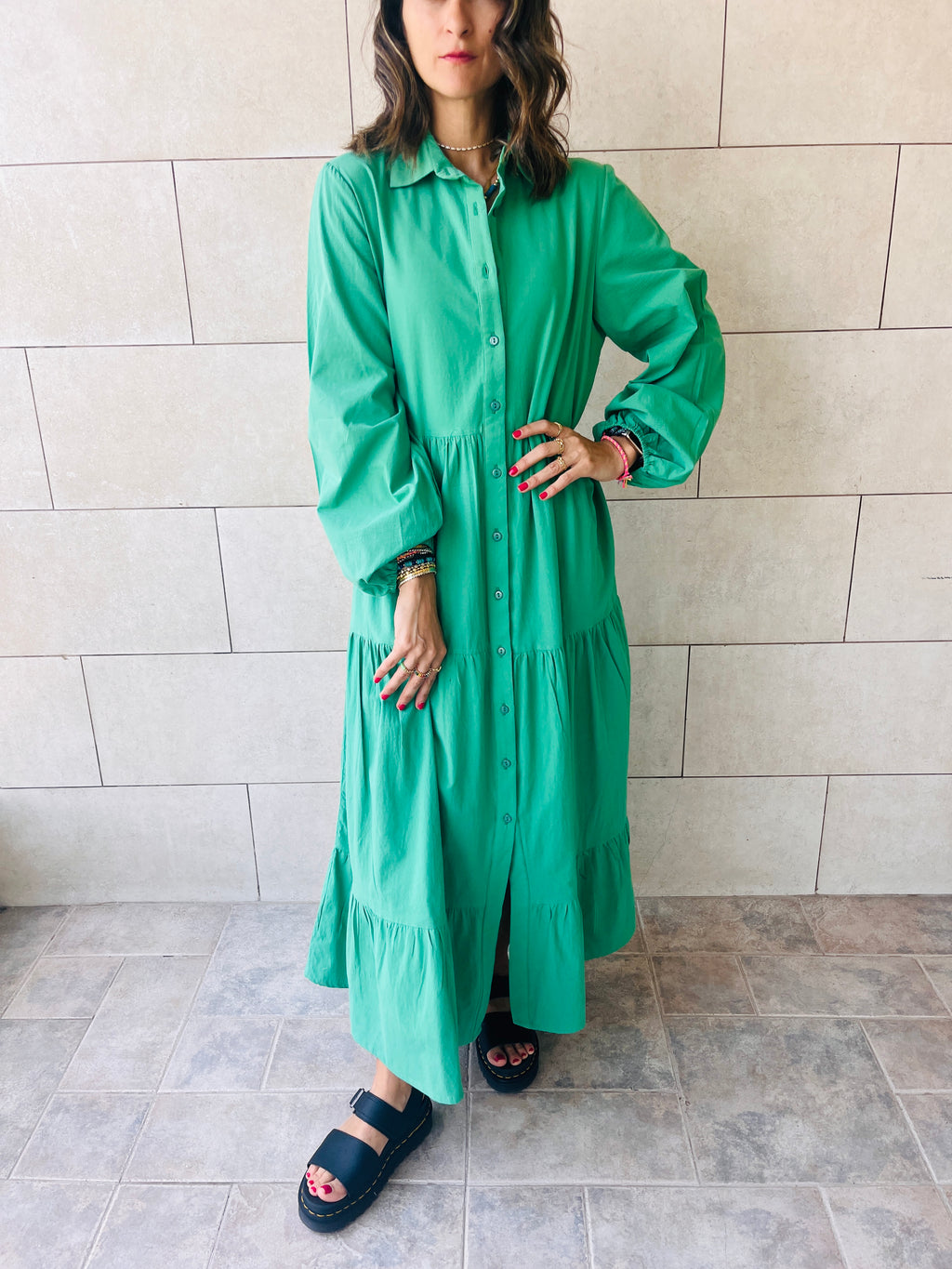 Green Cake Tiered Long Sleeve Dress
