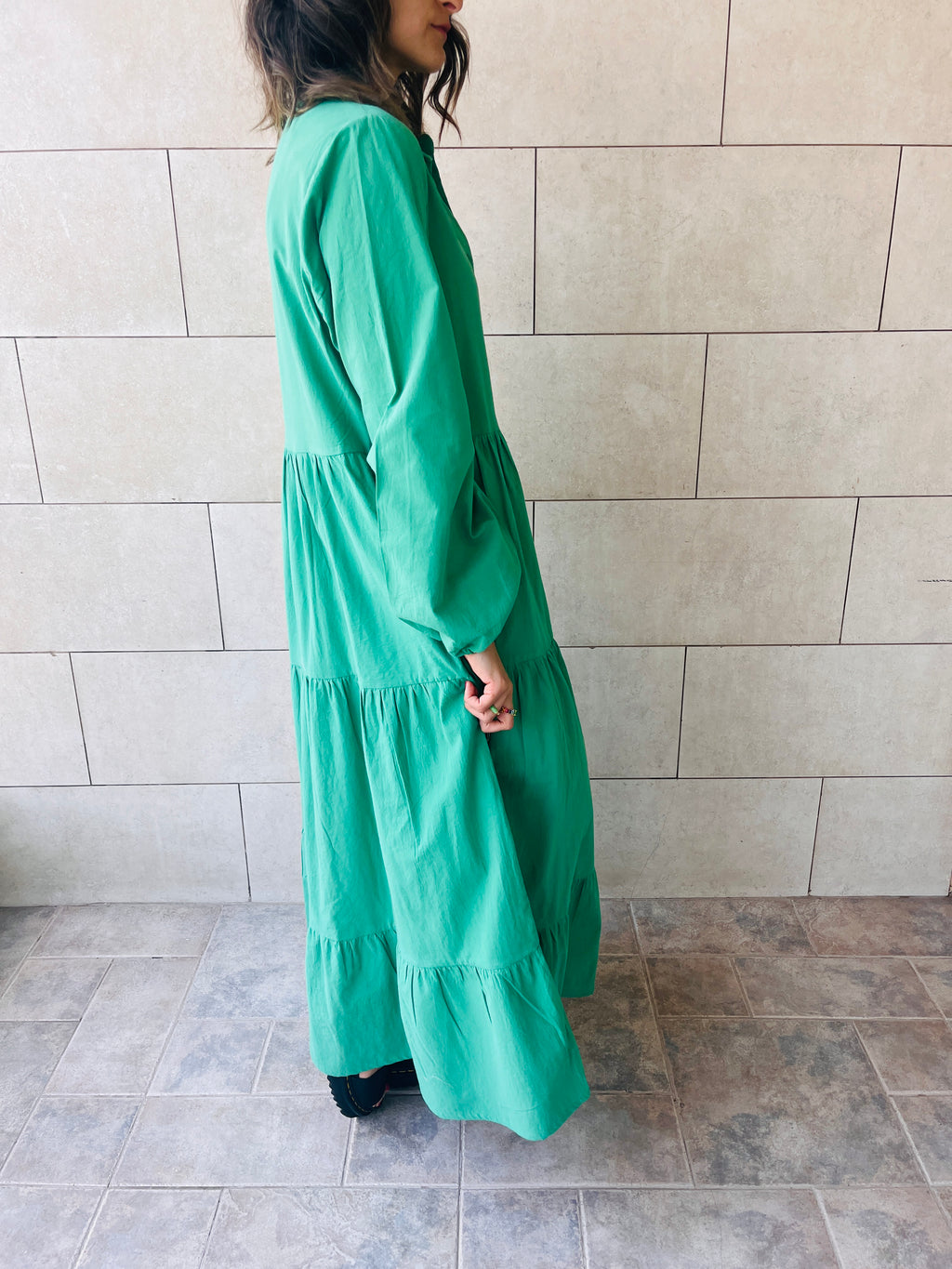 Green Cake Tiered Long Sleeve Dress
