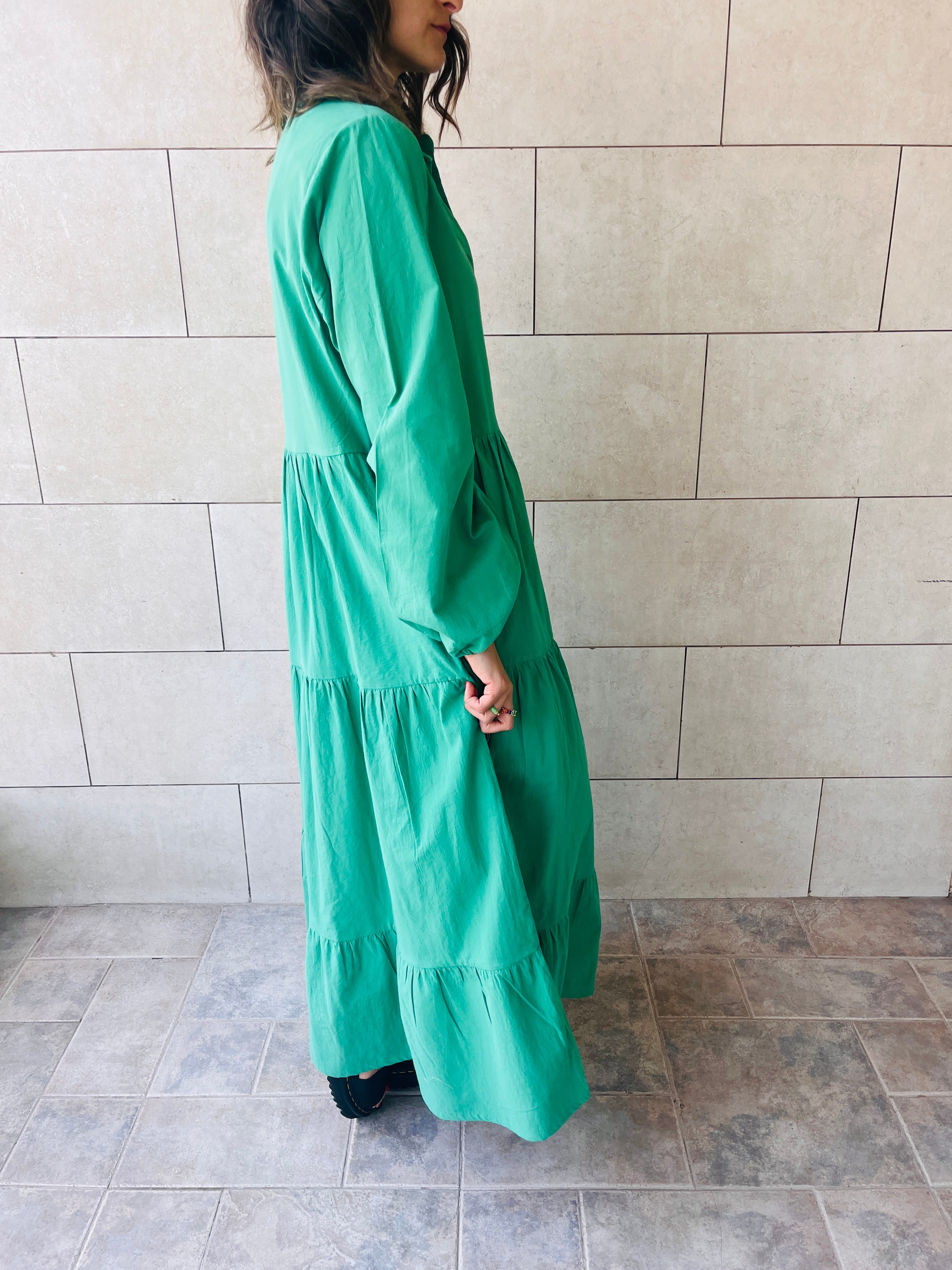 Green Cake Tiered Long Sleeve Dress