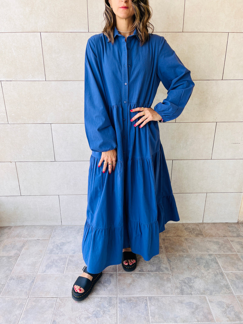 Blue Cake Tiered Long Sleeve Dress