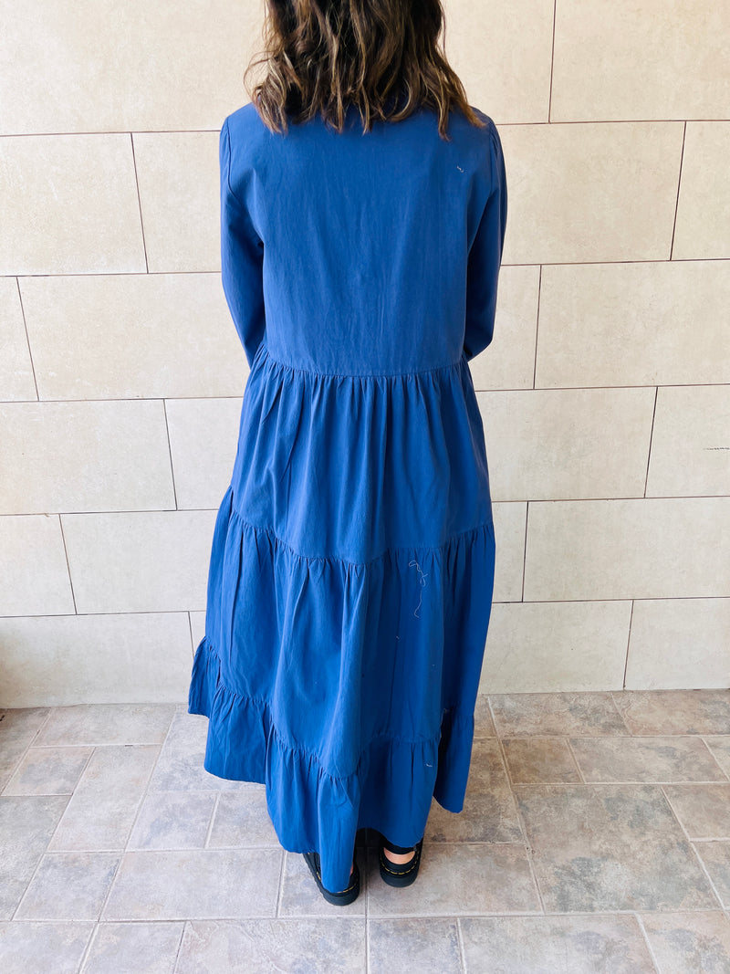 Blue Cake Tiered Long Sleeve Dress