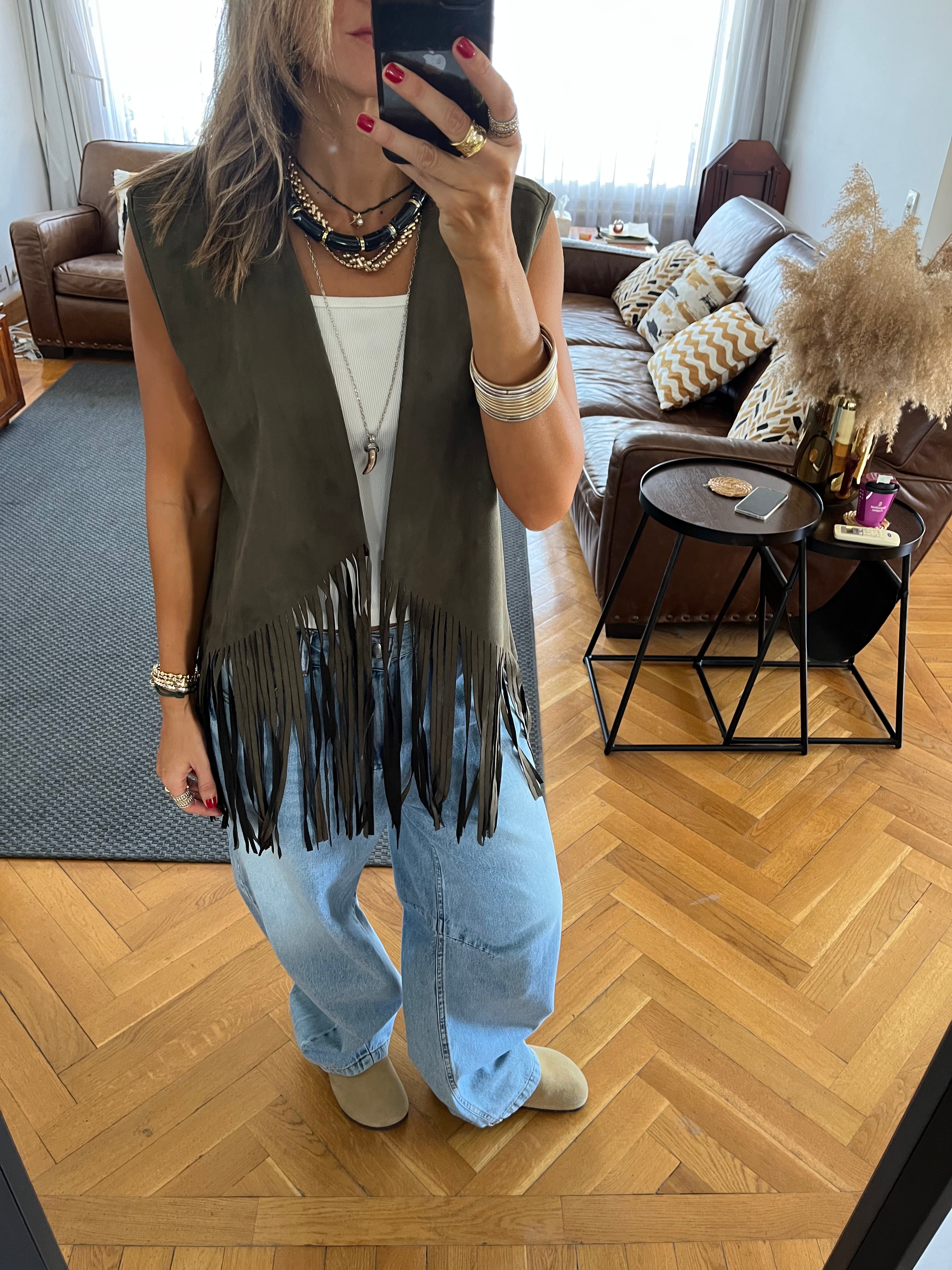 Olive Fringe Summer Suede Vest