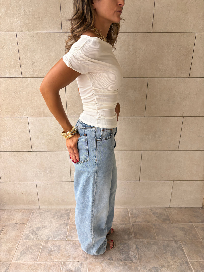 White 130 Off Shoulder Ruched Top