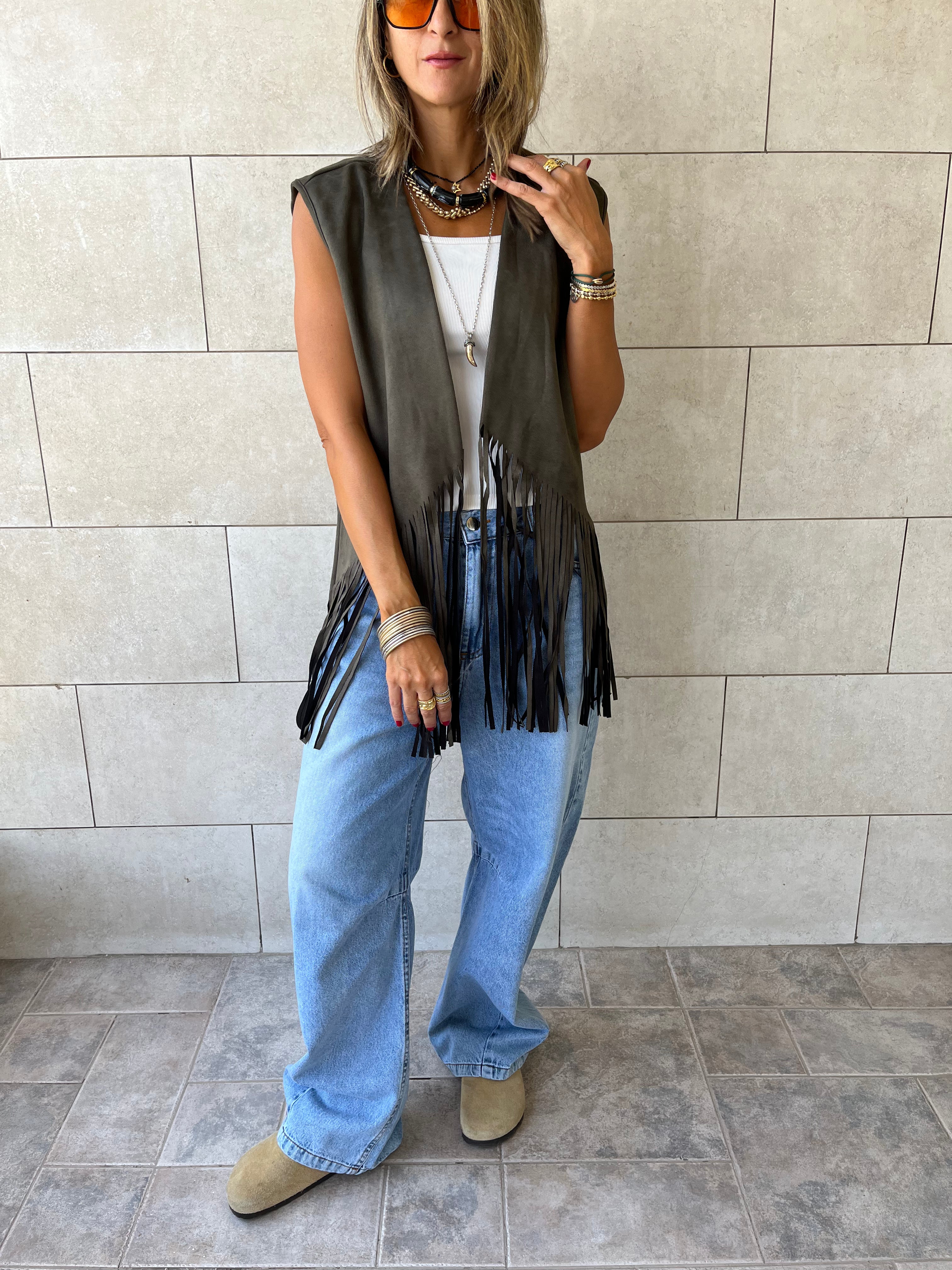 Olive Fringe Summer Suede Vest