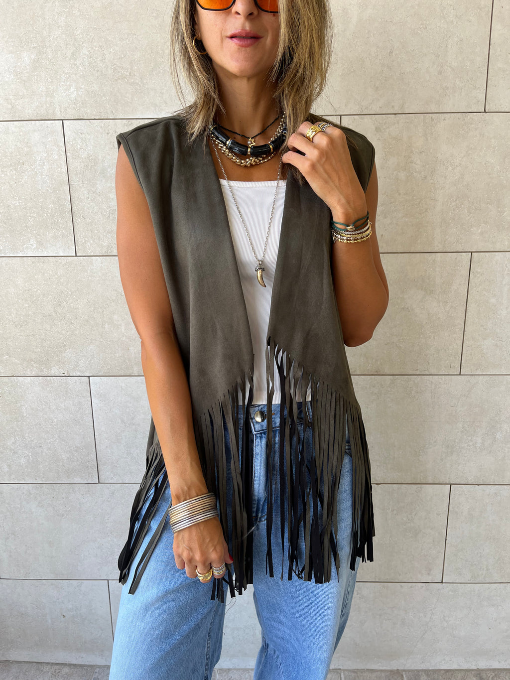 Olive Fringe Summer Suede Vest