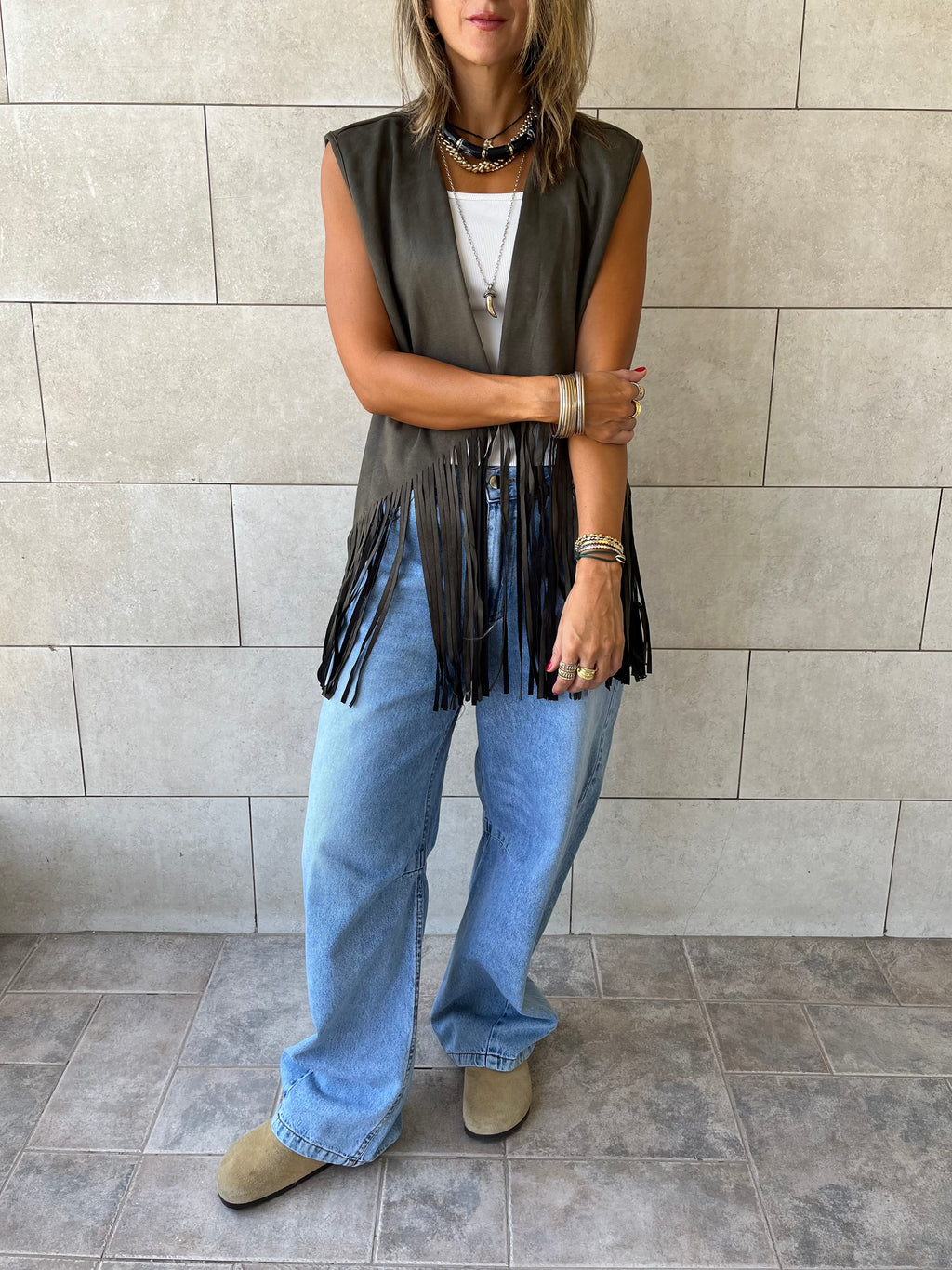 Olive Fringe Summer Suede Vest