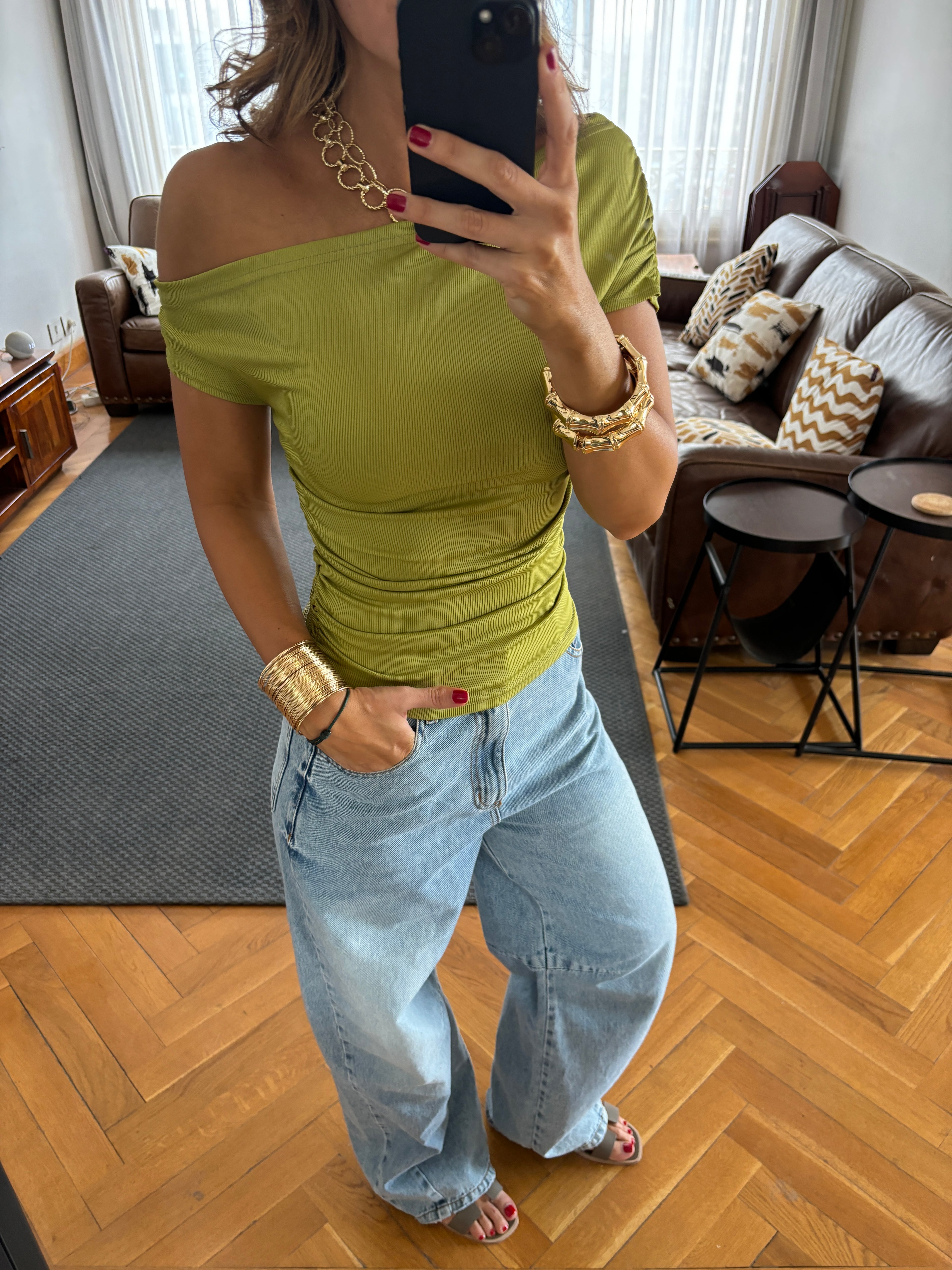 Lime 130 Off Shoulder Ruched Top