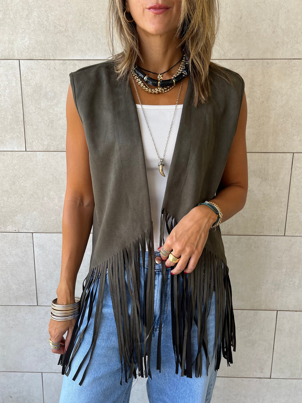 Olive Fringe Summer Suede Vest