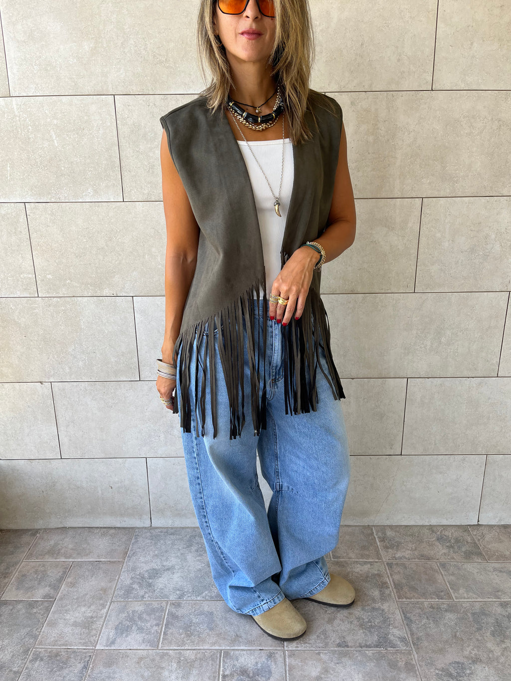 Olive Fringe Summer Suede Vest
