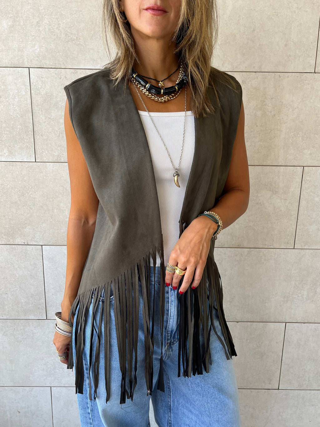 Olive Fringe Summer Suede Vest