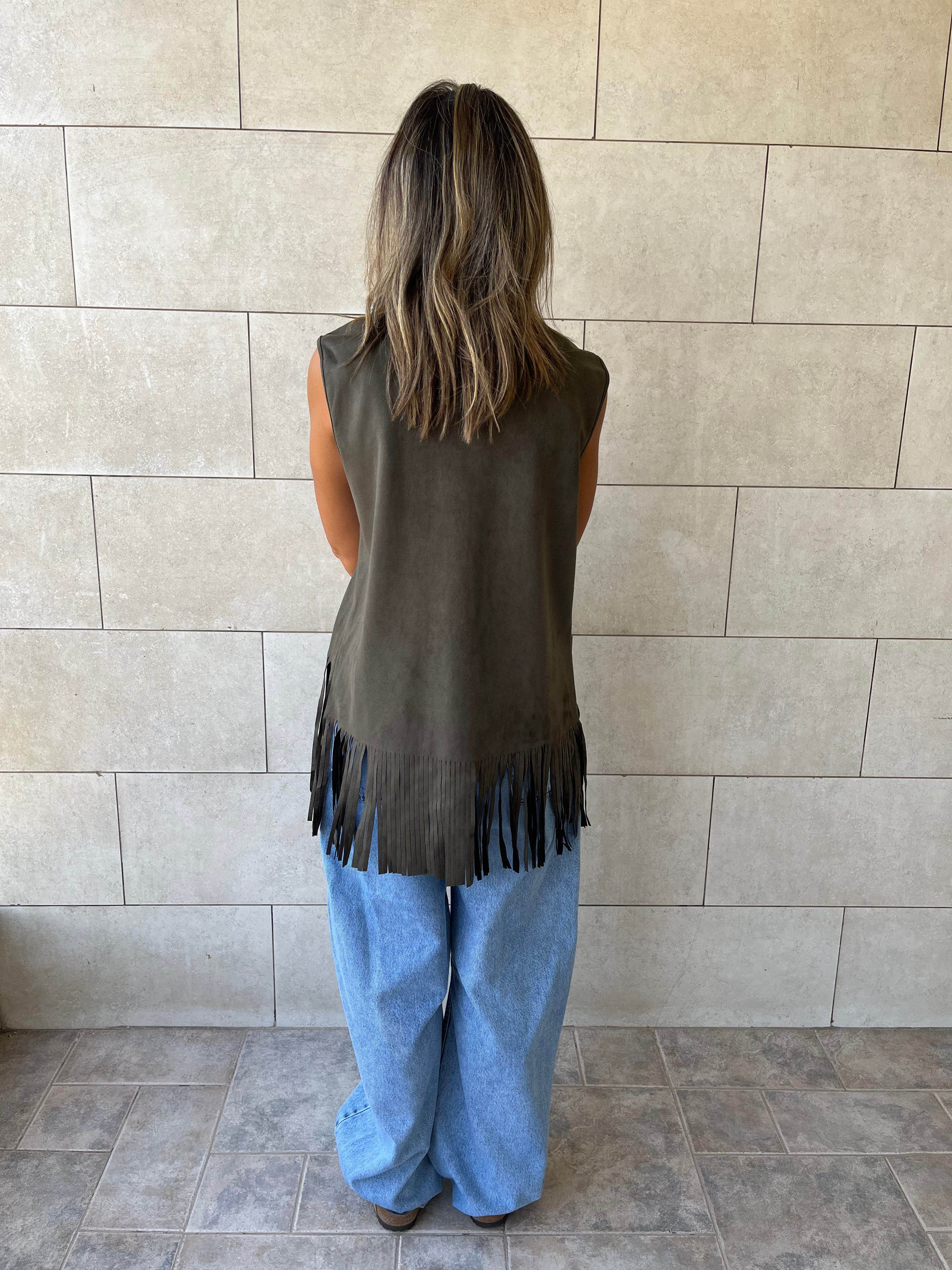 Olive Fringe Summer Suede Vest