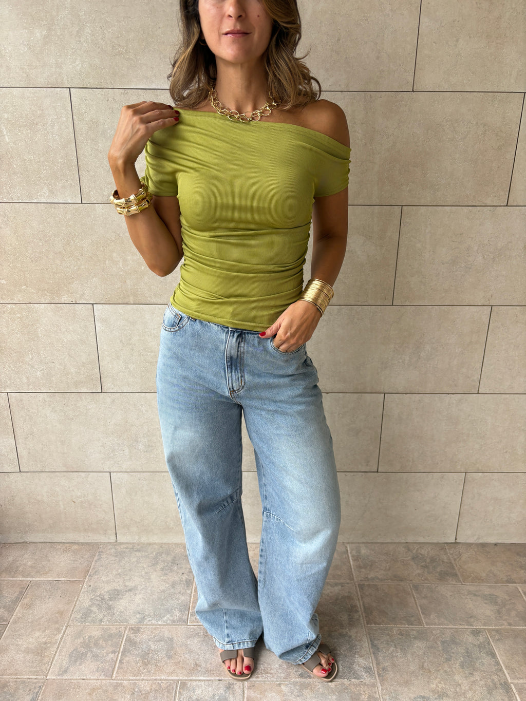 Lime 130 Off Shoulder Ruched Top