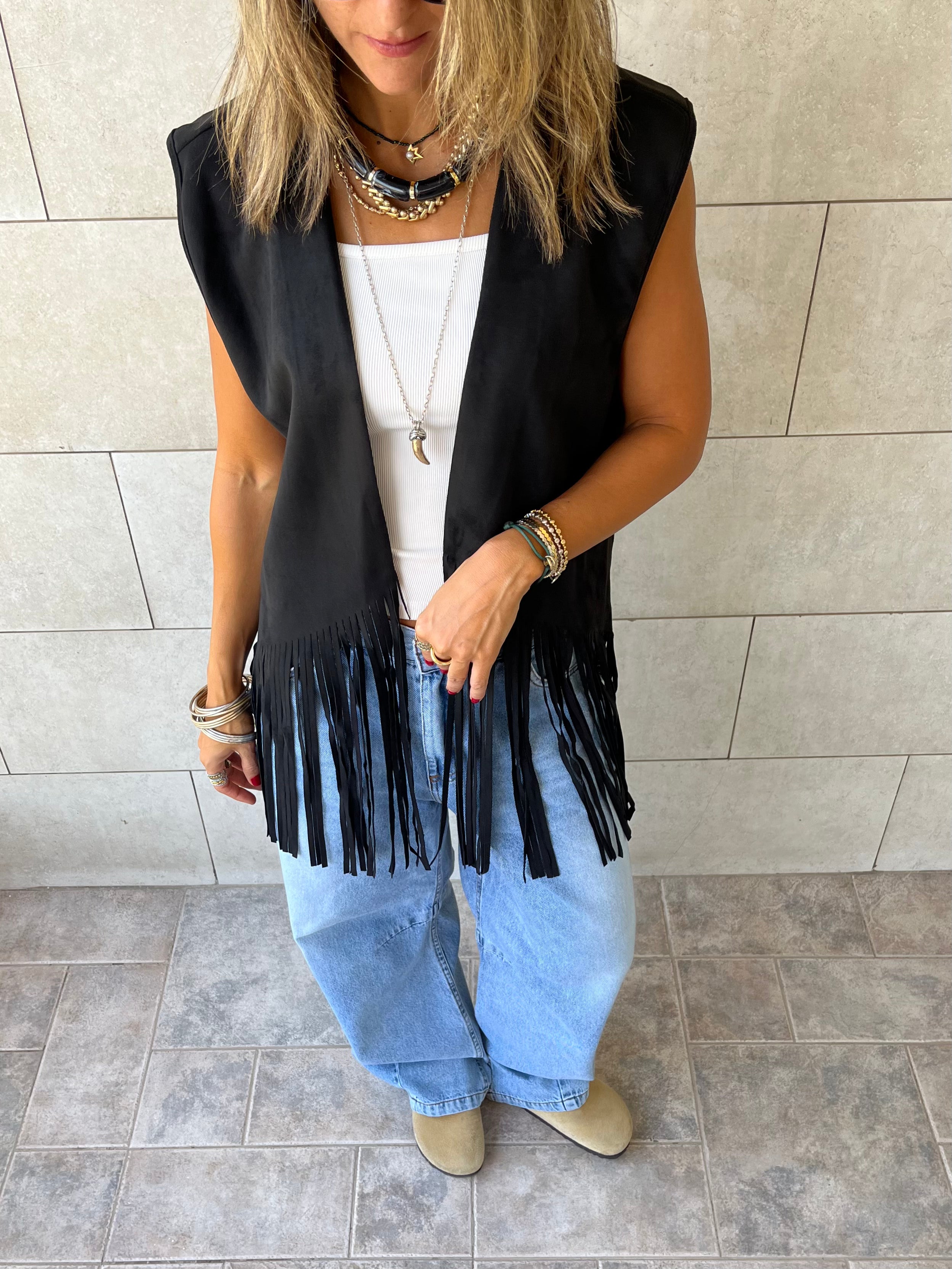 Black Fringe Summer Suede Vest