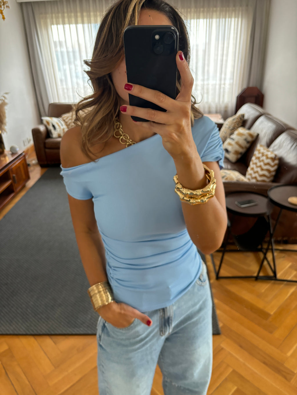 Baby Blue 130 Off Shoulder Ruched Top