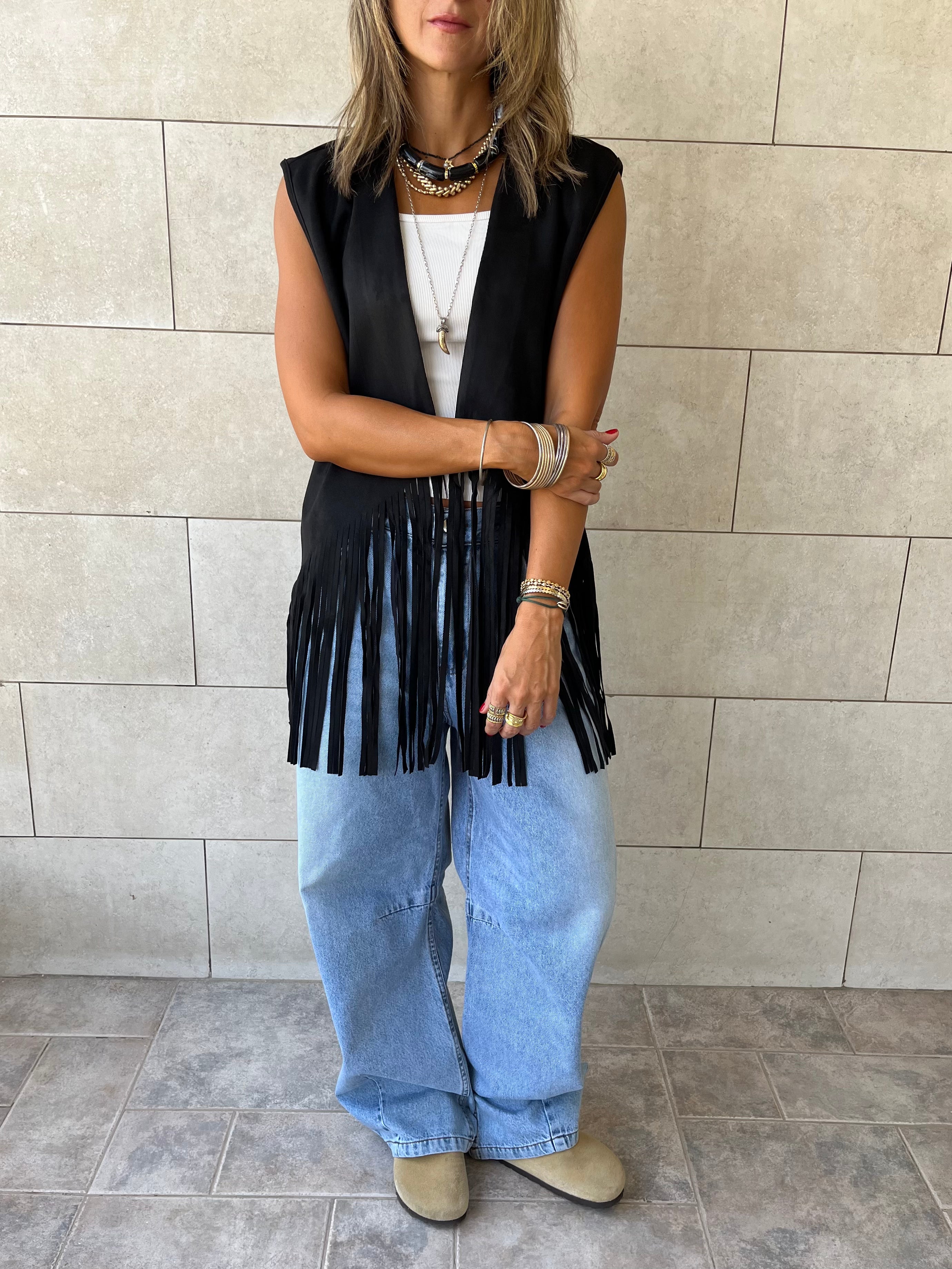 Black Fringe Summer Suede Vest