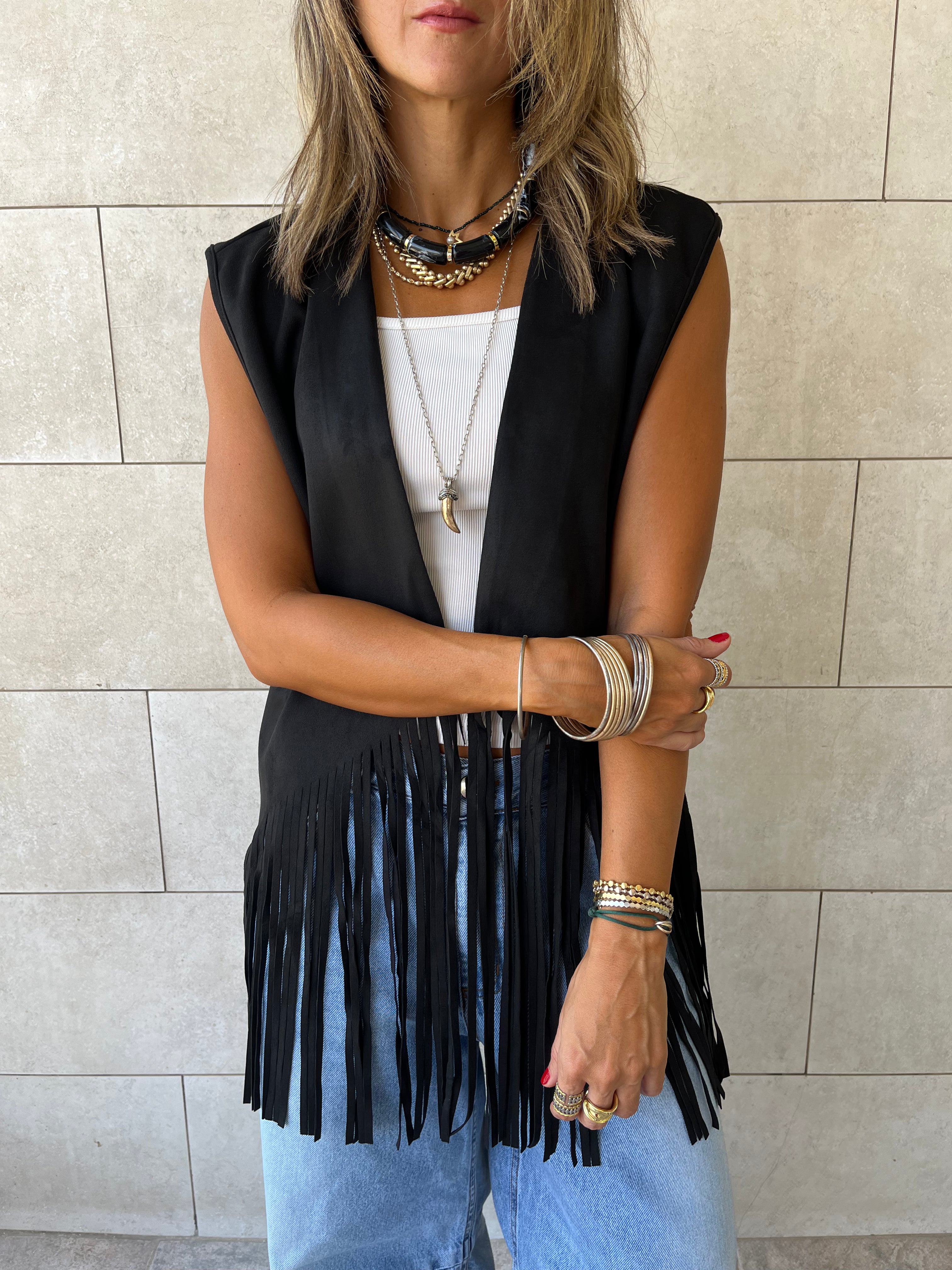 Black Fringe Summer Suede Vest