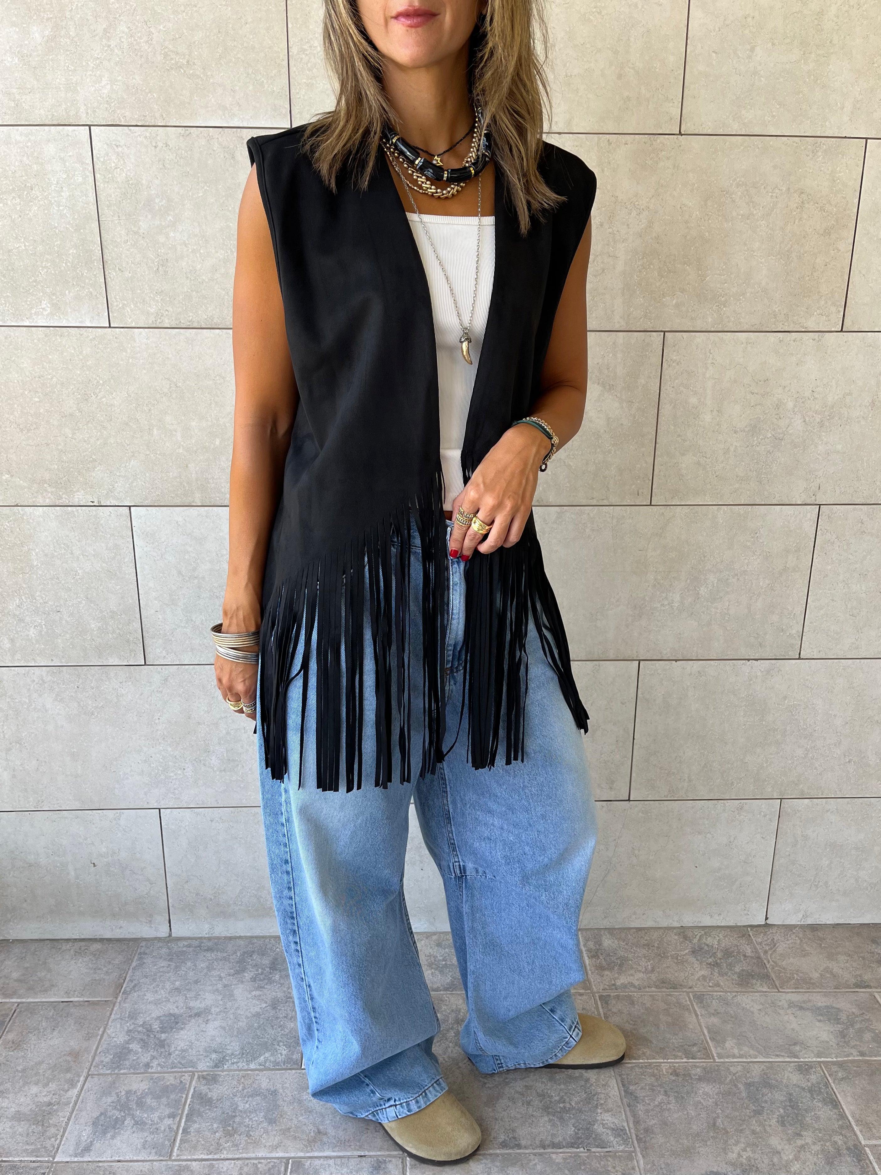 Black Fringe Summer Suede Vest