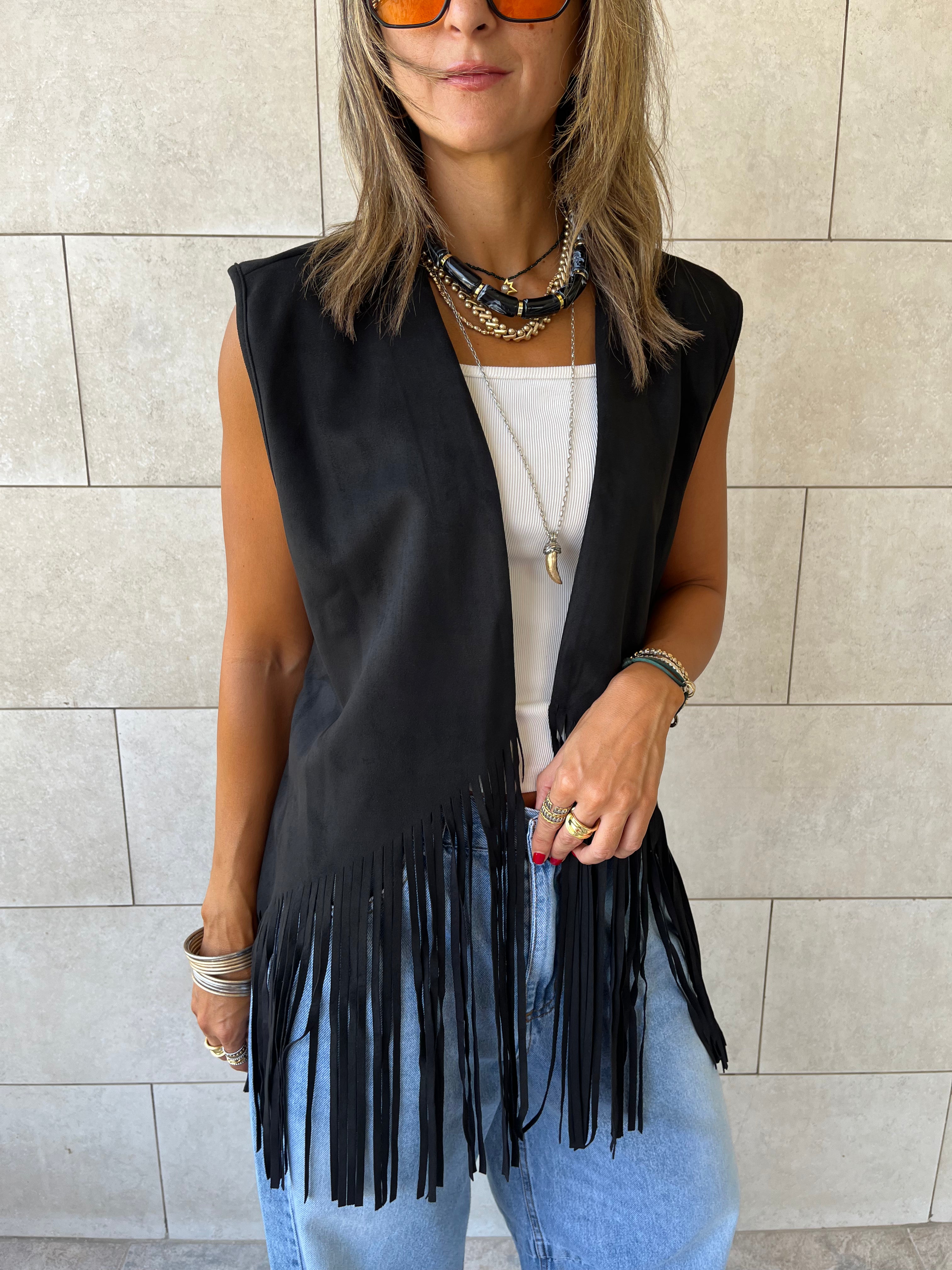 Black Fringe Summer Suede Vest