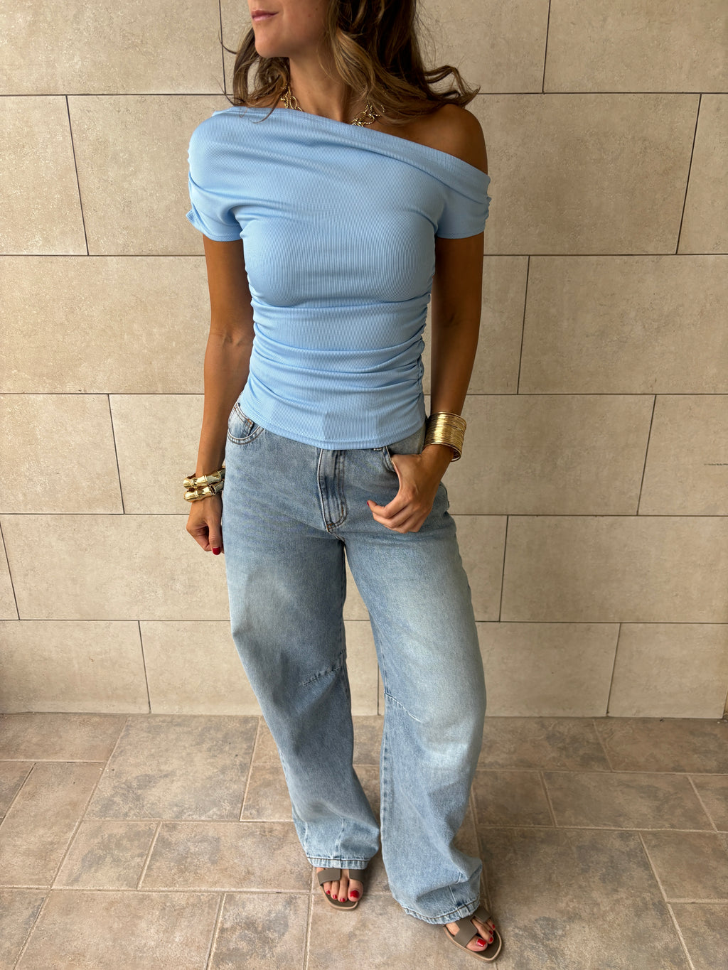 Baby Blue 130 Off Shoulder Ruched Top