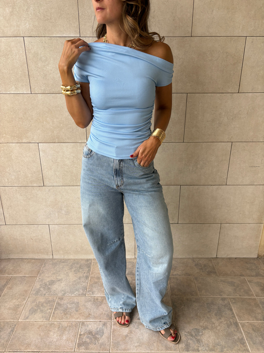 Baby Blue 130 Off Shoulder Ruched Top