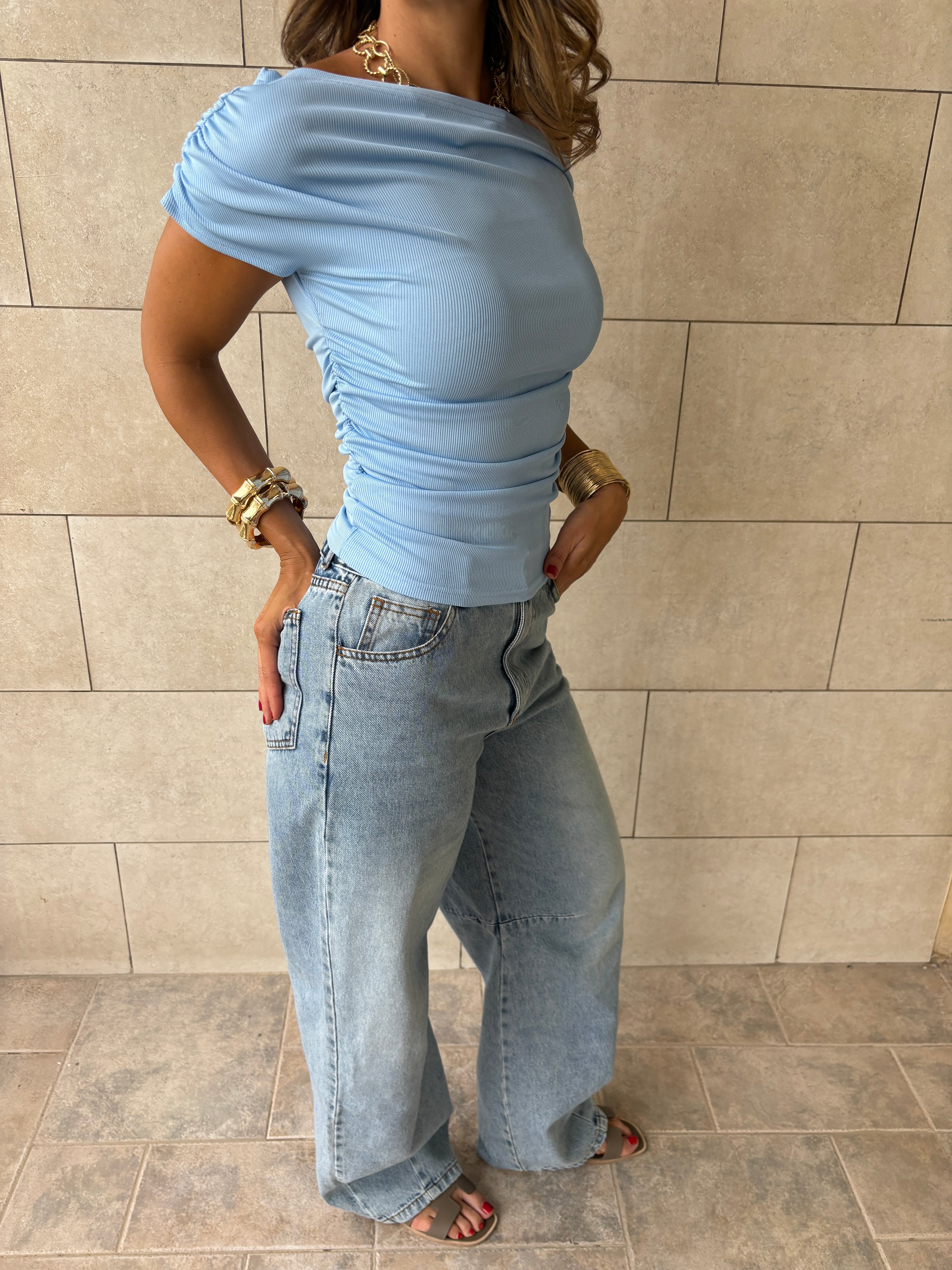 Baby Blue 130 Off Shoulder Ruched Top