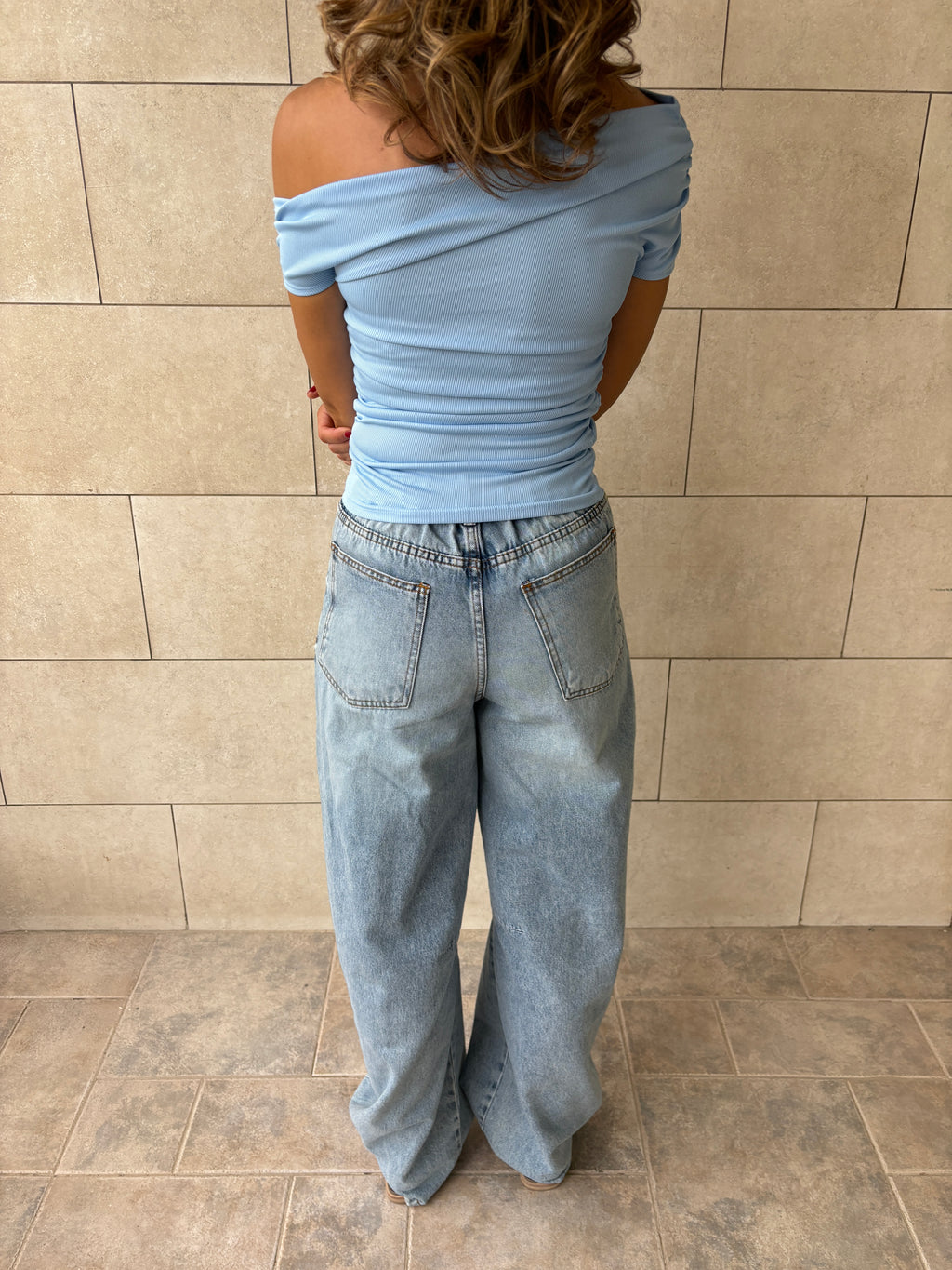 Baby Blue 130 Off Shoulder Ruched Top