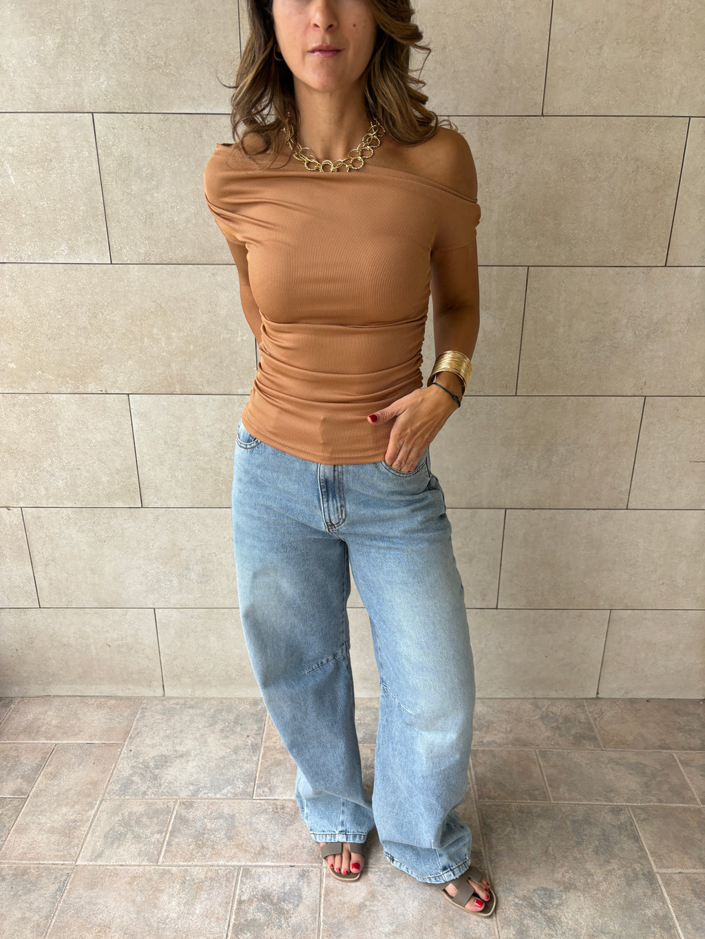 Cafe 130 Off Shoulder Ruched Top