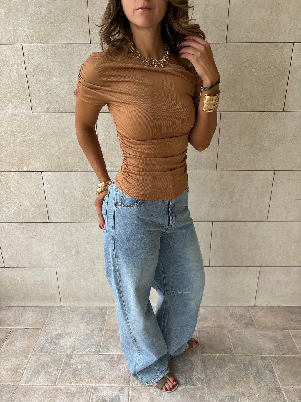Cafe 130 Off Shoulder Ruched Top