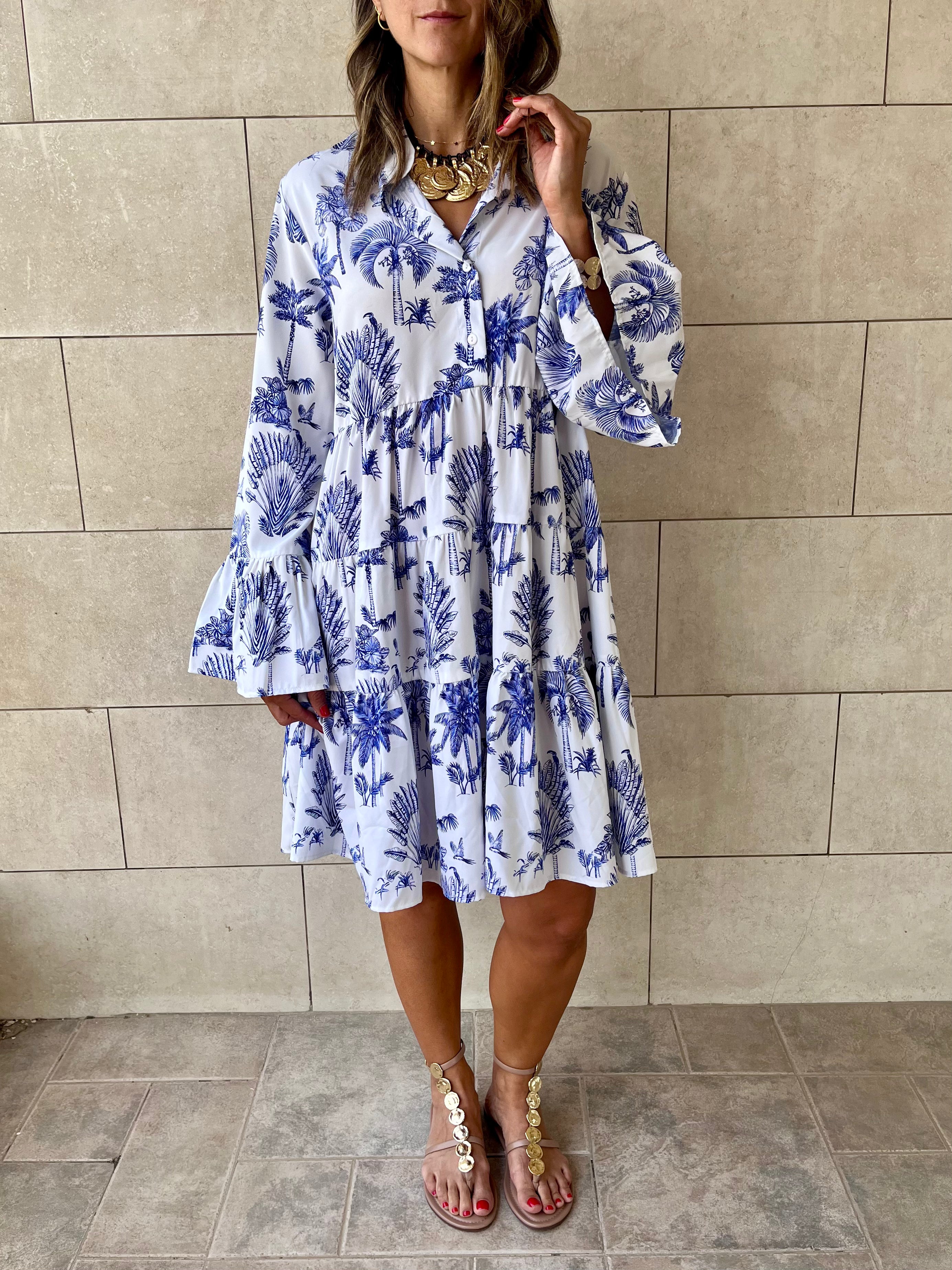 Blue Tropics Midi Tiered Dress