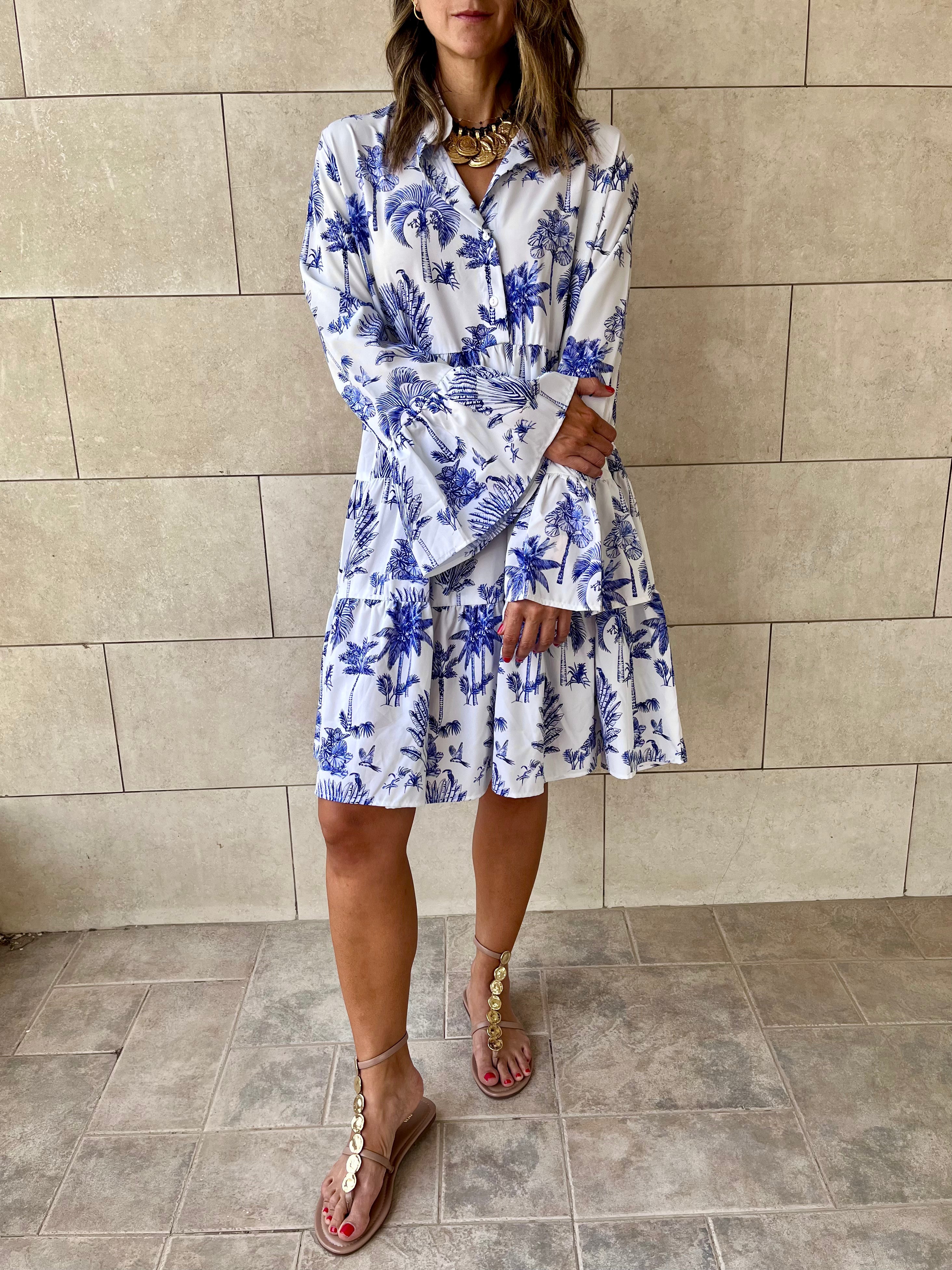 Blue Tropics Midi Tiered Dress