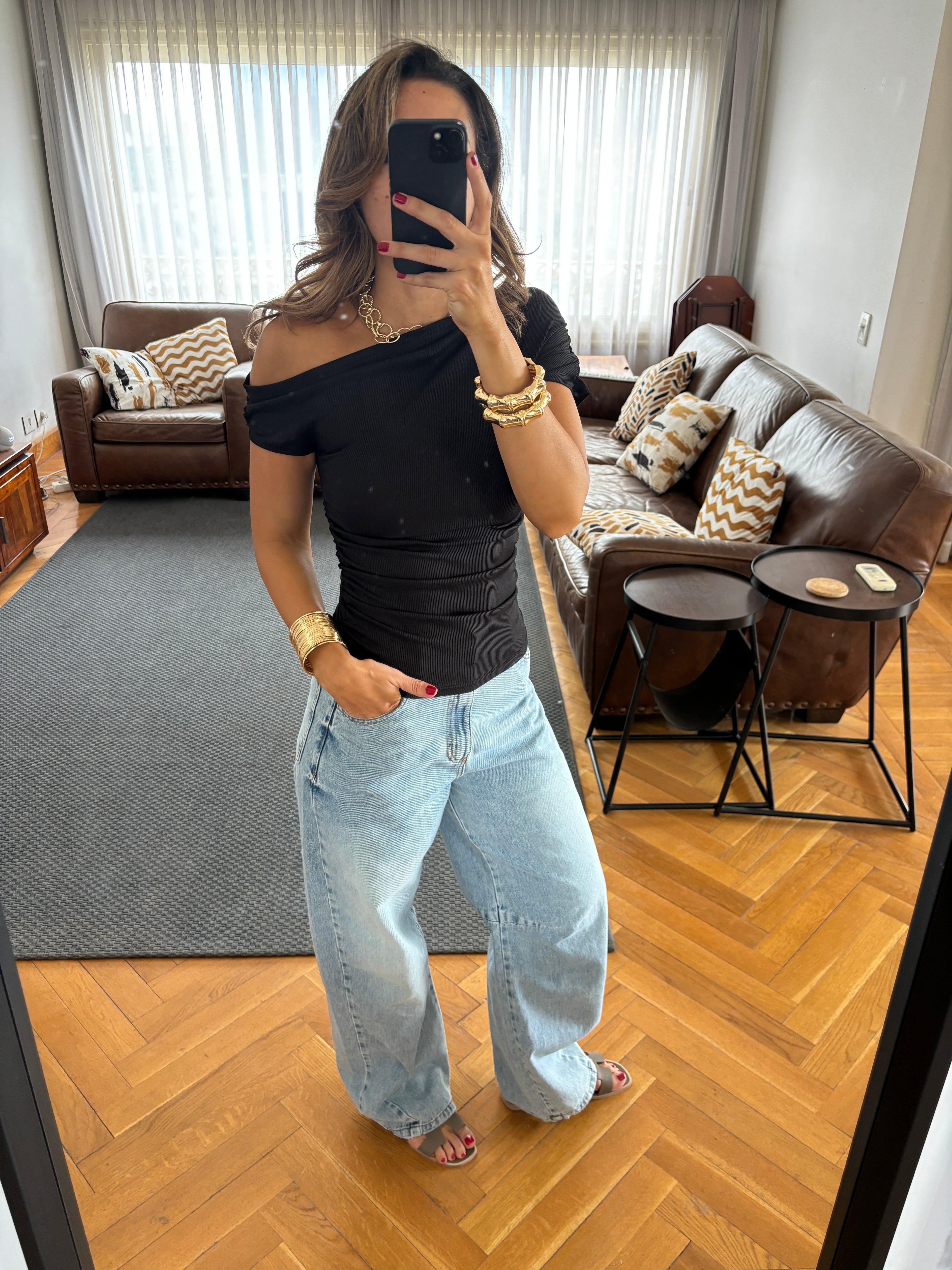 Black 130 Off Shoulder Ruched Top