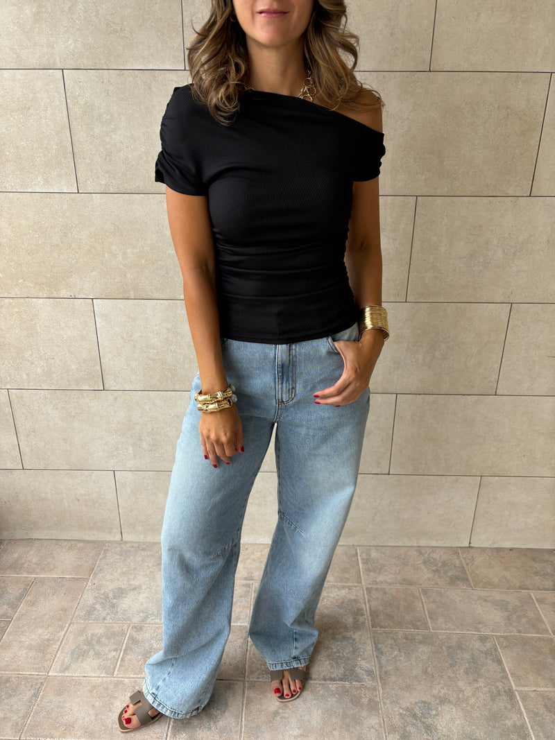 Black 130 Off Shoulder Ruched Top