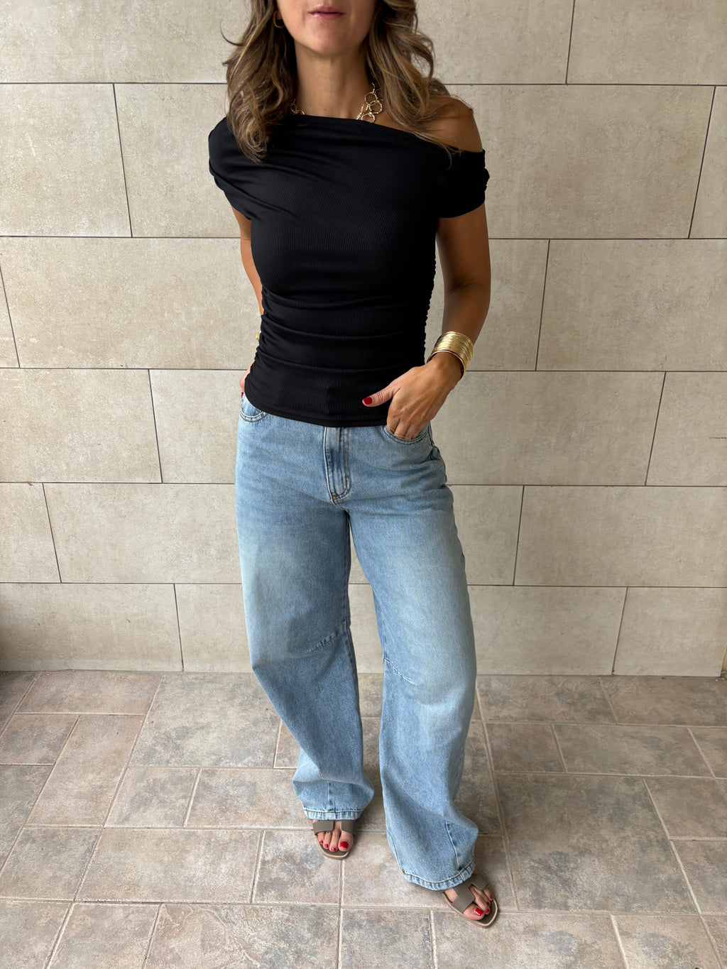 Black 130 Off Shoulder Ruched Top