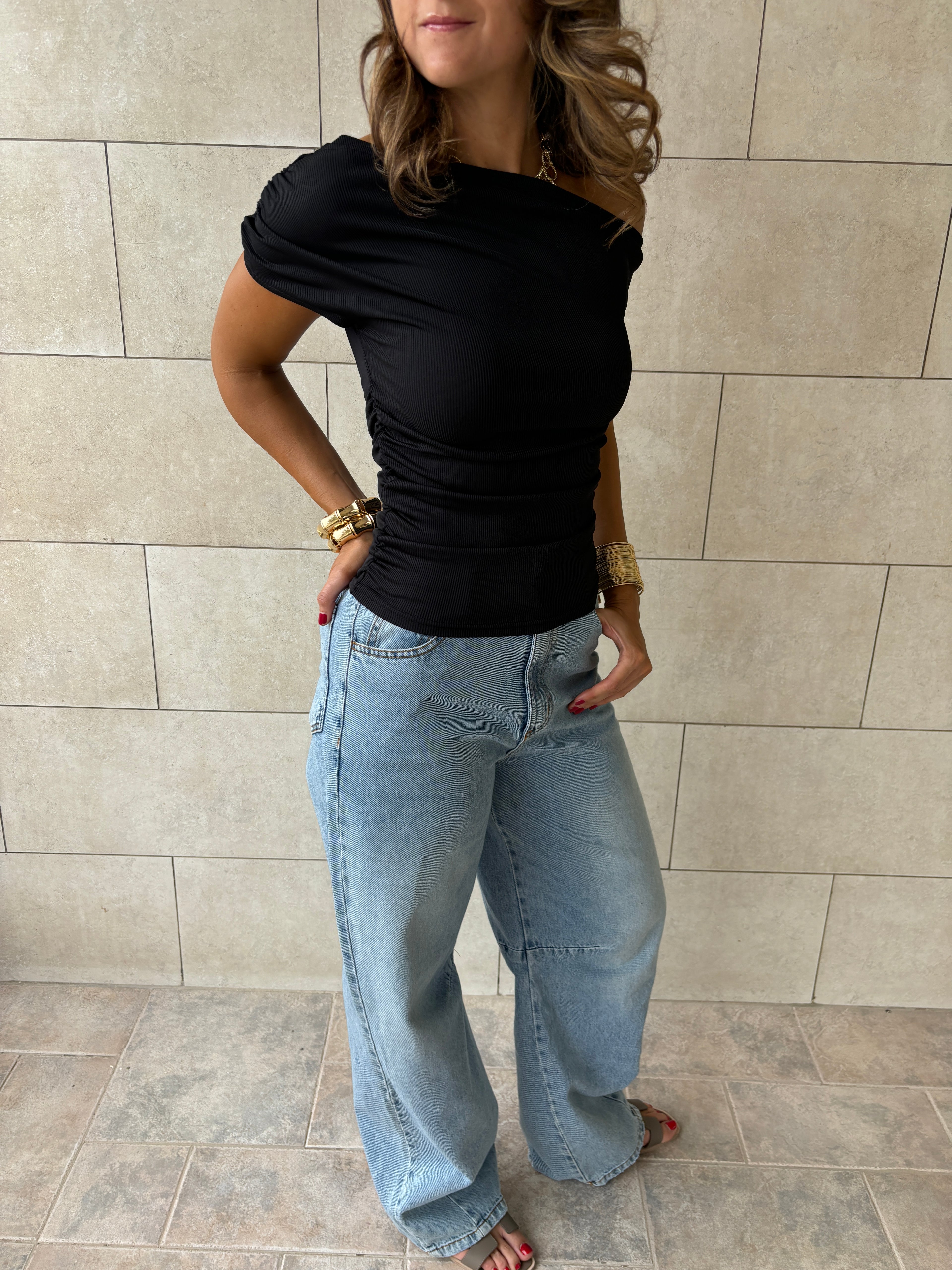 Black 130 Off Shoulder Ruched Top