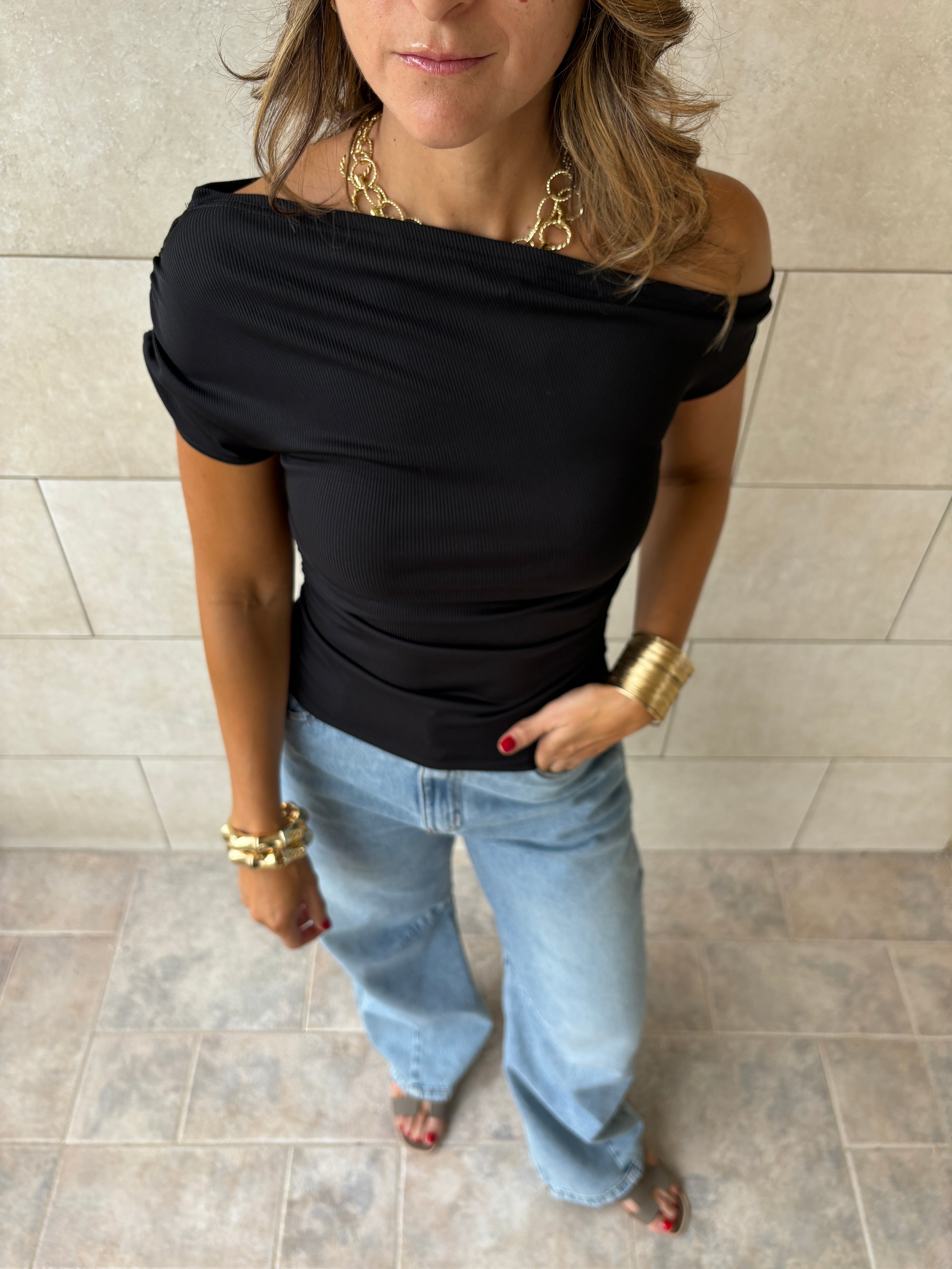 Black 130 Off Shoulder Ruched Top