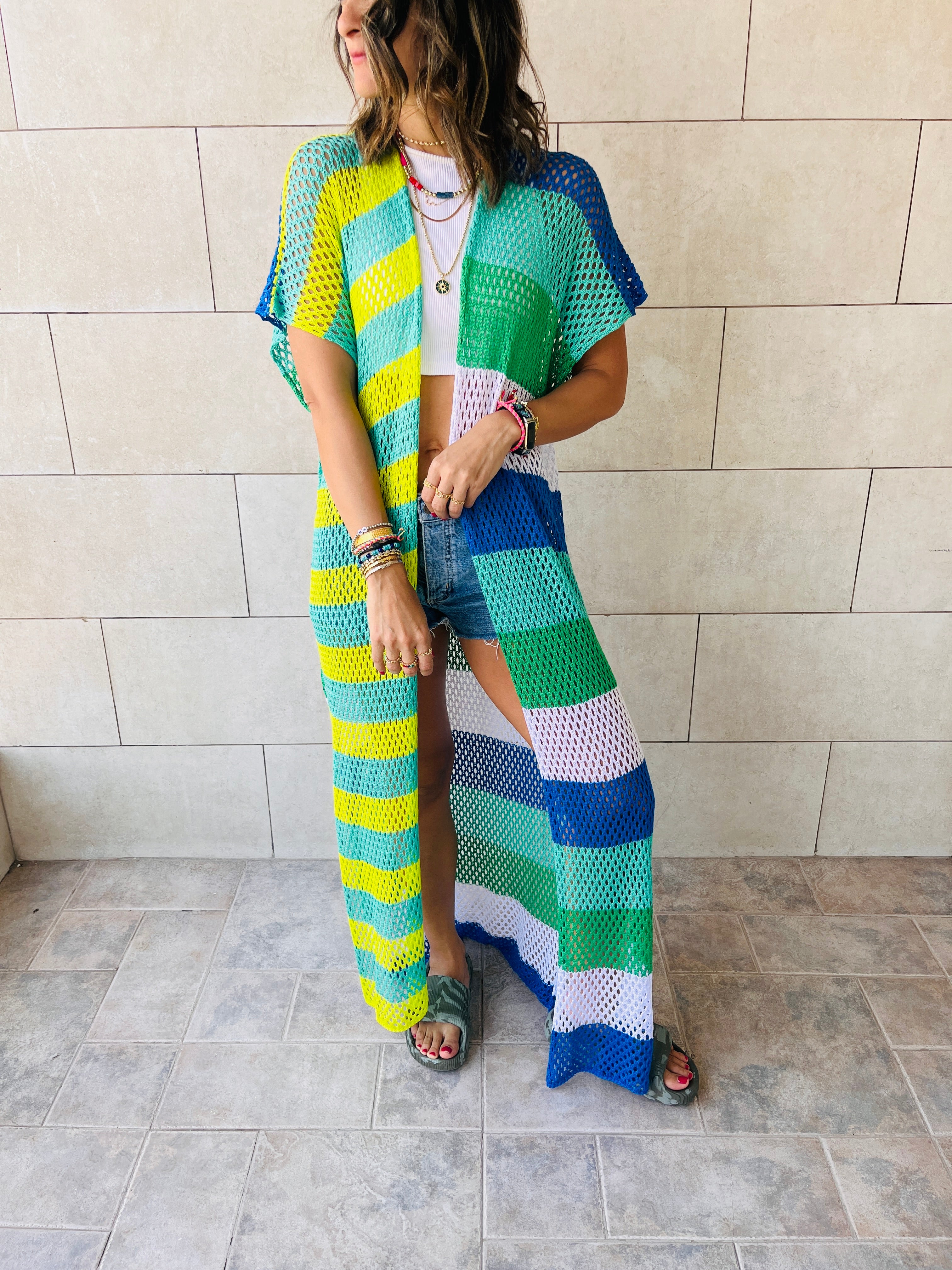 Lime & Blue Crochet Summer Coverup