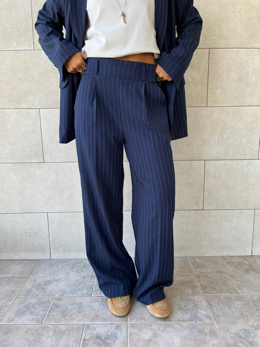 Navy Striped Frillu Signature Pants