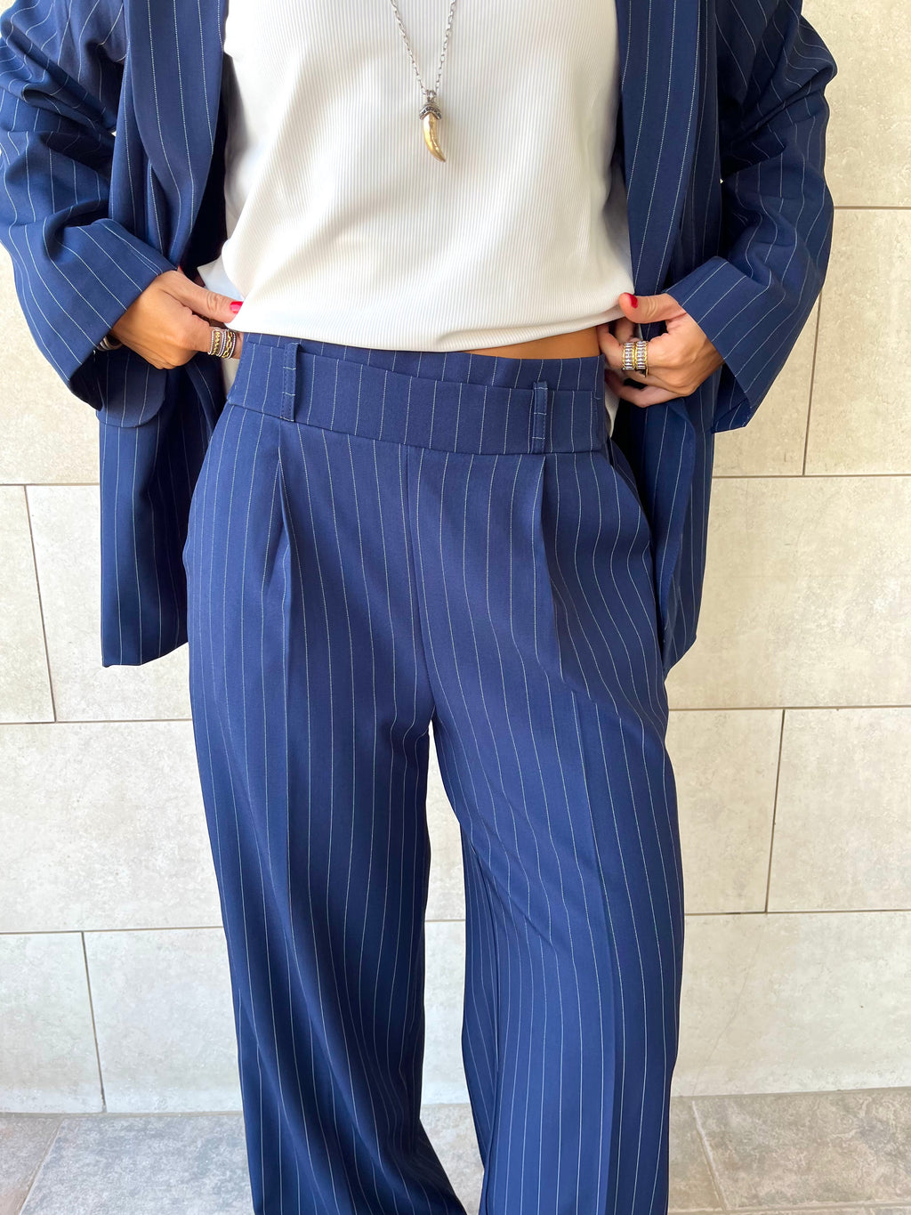 Navy Striped Frillu Signature Pants